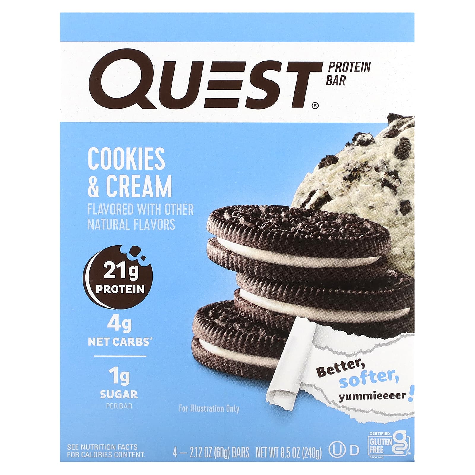 Quest Nutrition, Protein Bar, Cookies & Cream, 4 Bars, 2.12 oz (60 g) Each - Image 1