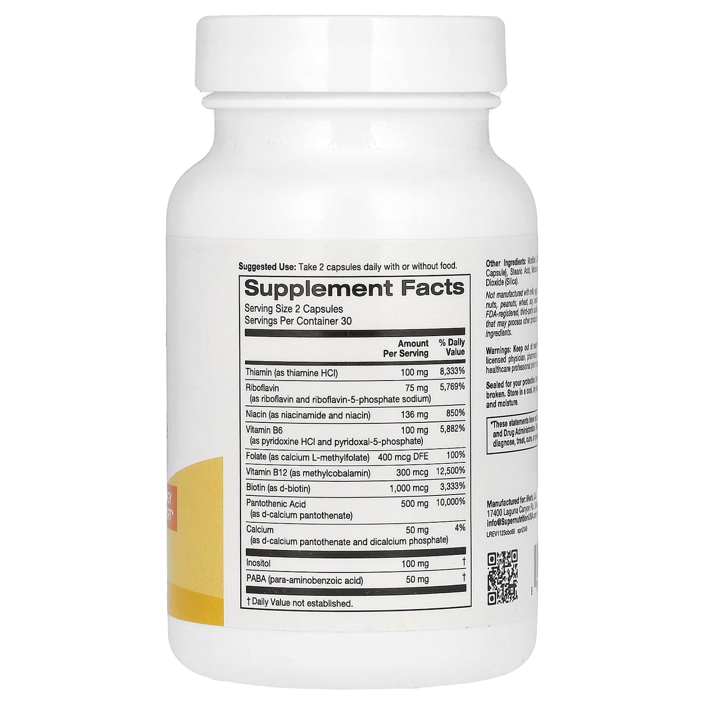 Complete B Complex with L-Methylfolate & Biotin by Super Nutrition 60 Capsules - Image 2