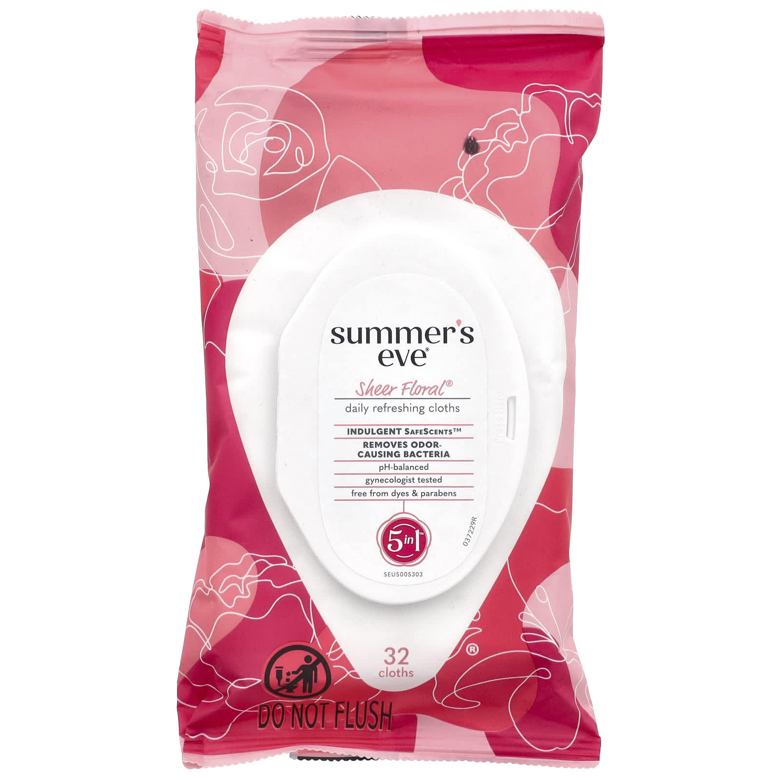 Summer's Eve, 5 in 1 Daily Refreshing Cloths, Sheer Floral®, 32 Cloths - Image 1