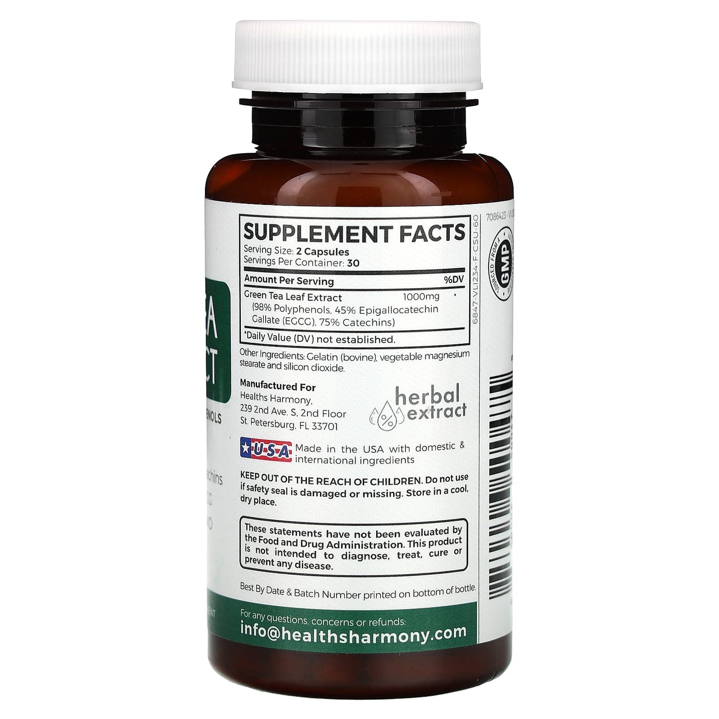 Healths Harmony, Green Tea 98% Extract, 60 Capsules (500 mg per Capsule)