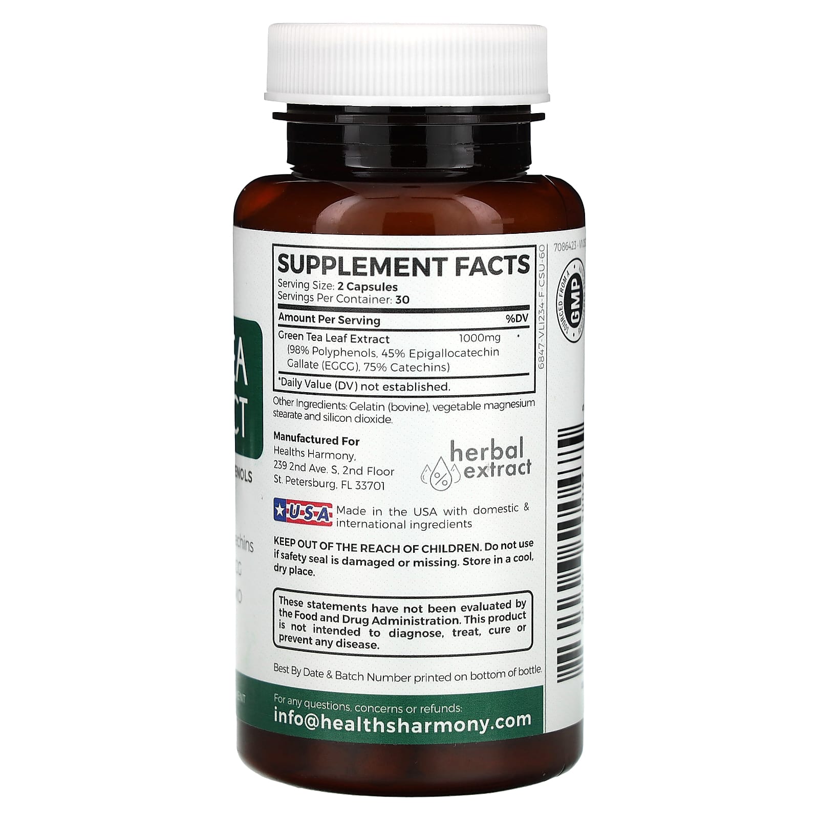 Healths Harmony, Green Tea 98% Extract, 60 Capsules (500 mg per Capsule)