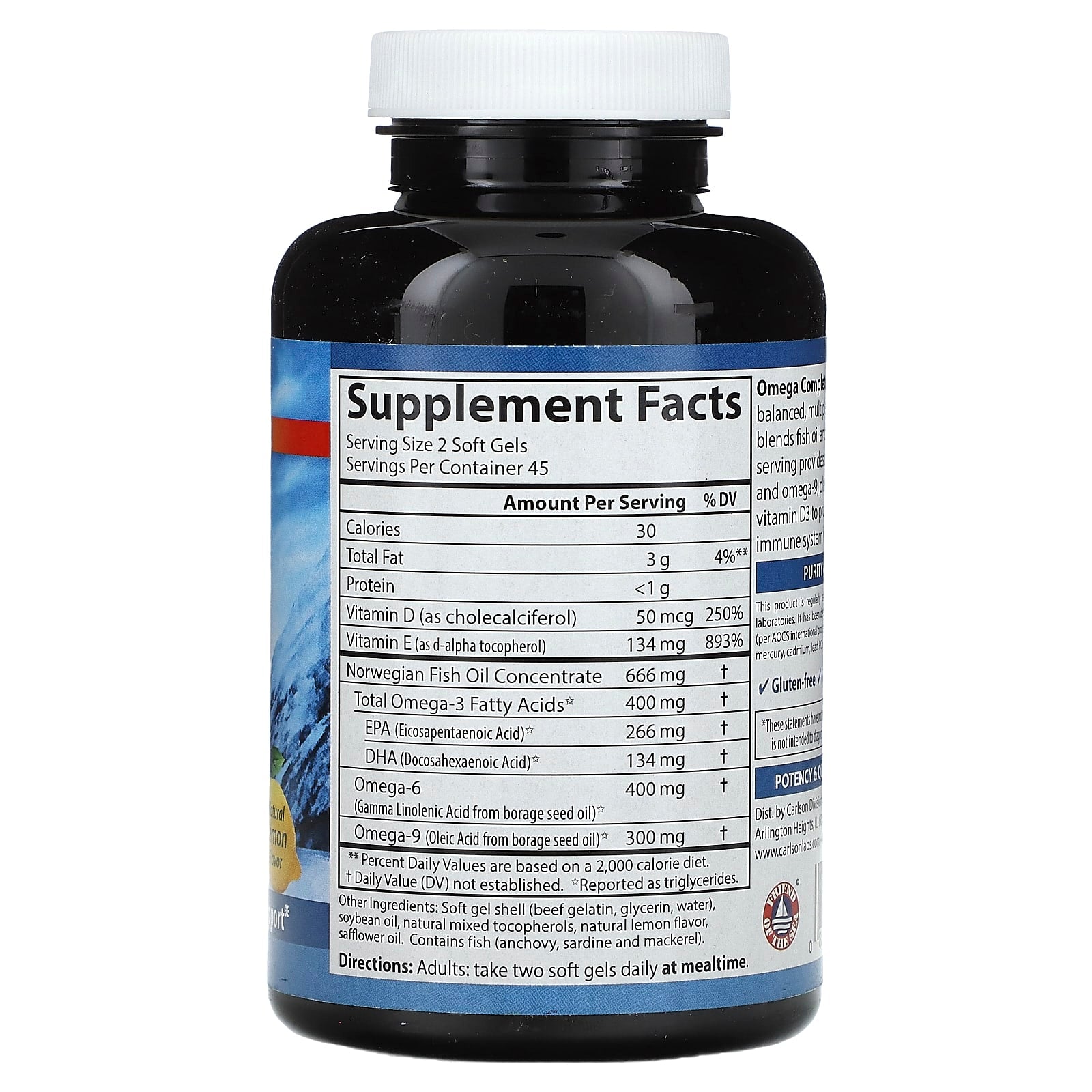 Carlson Omega 3-6-9 Soft Gels - Natural Lemon Flavor, Gluten-Free - Image 2