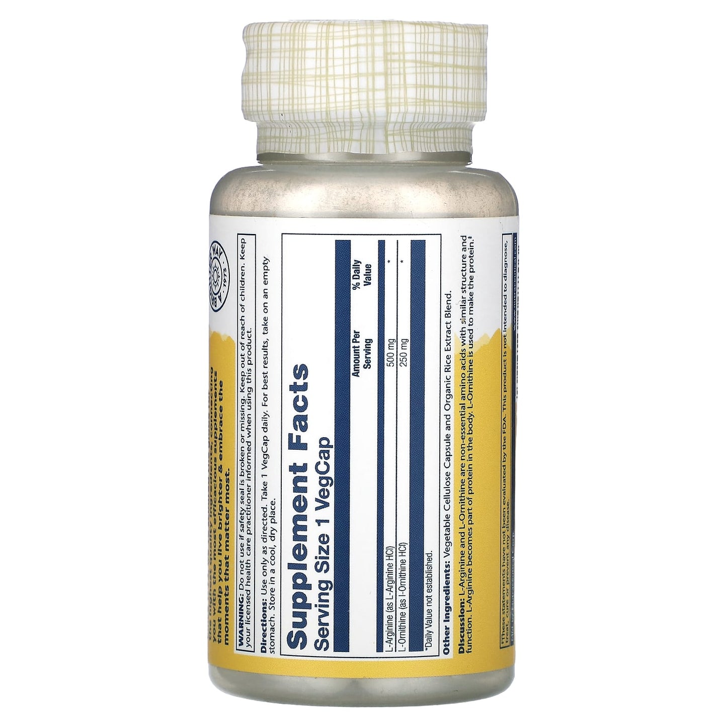 Solaray, L-Arginine L-Ornithine, 750 mg, 50 VegCaps - Image 2