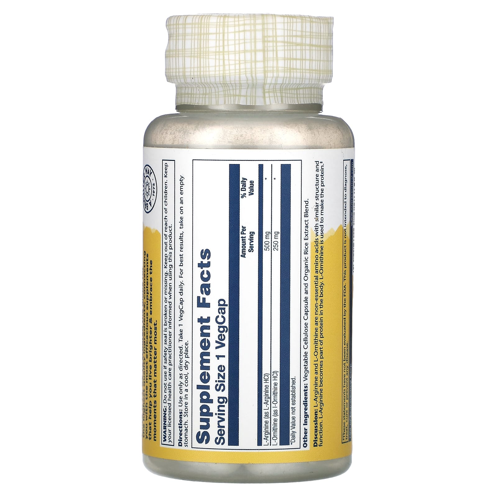 Solaray, L-Arginine L-Ornithine, 750 mg, 50 VegCaps - Image 2