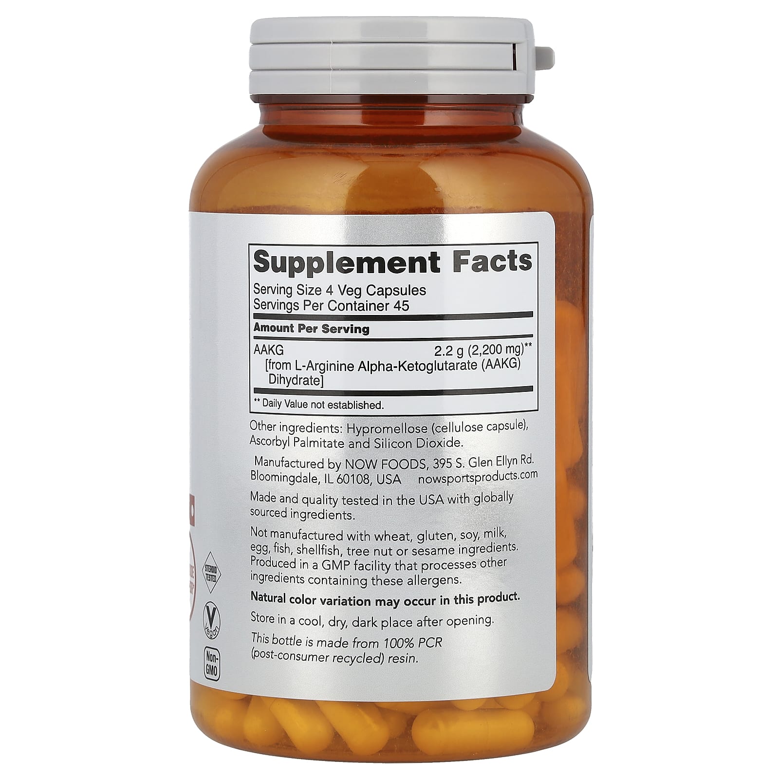 NOW Foods, AAKG 2200, 180 Veg Capsules (550 mg per Capsule) - Image 2