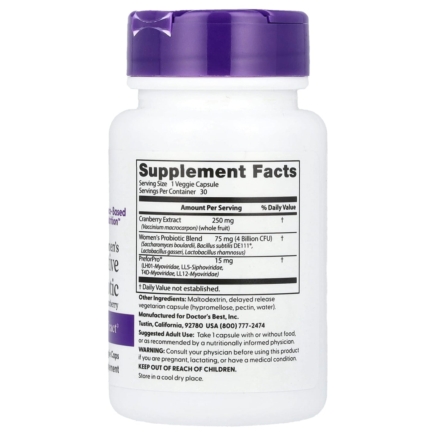 Doctor's Best Women's Digestive Probiotic with Cranberry, 4 Billion CFU, 30 Veggie Caps - Image 2