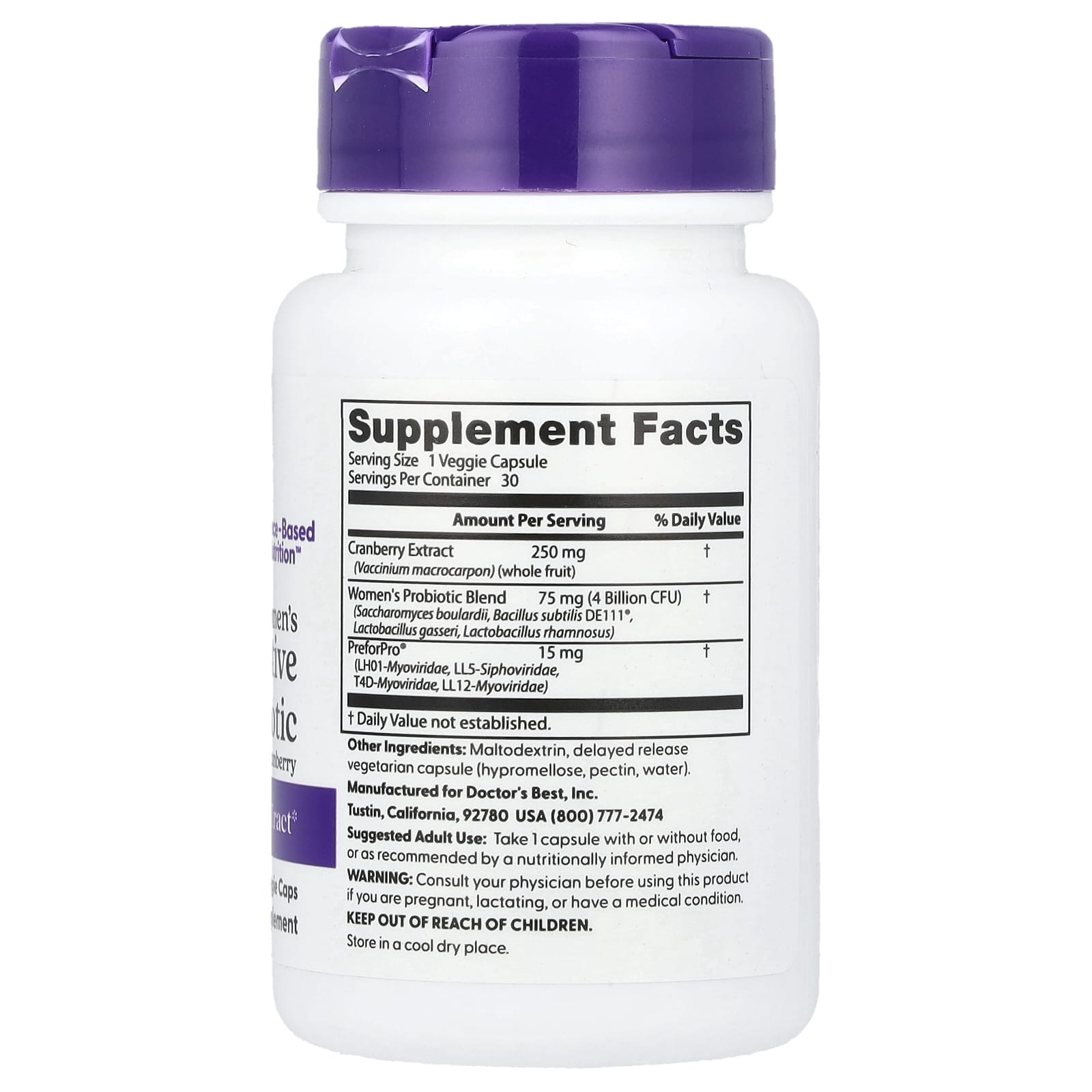 Doctor's Best Women's Digestive Probiotic with Cranberry, 4 Billion CFU, 30 Veggie Caps - Image 2