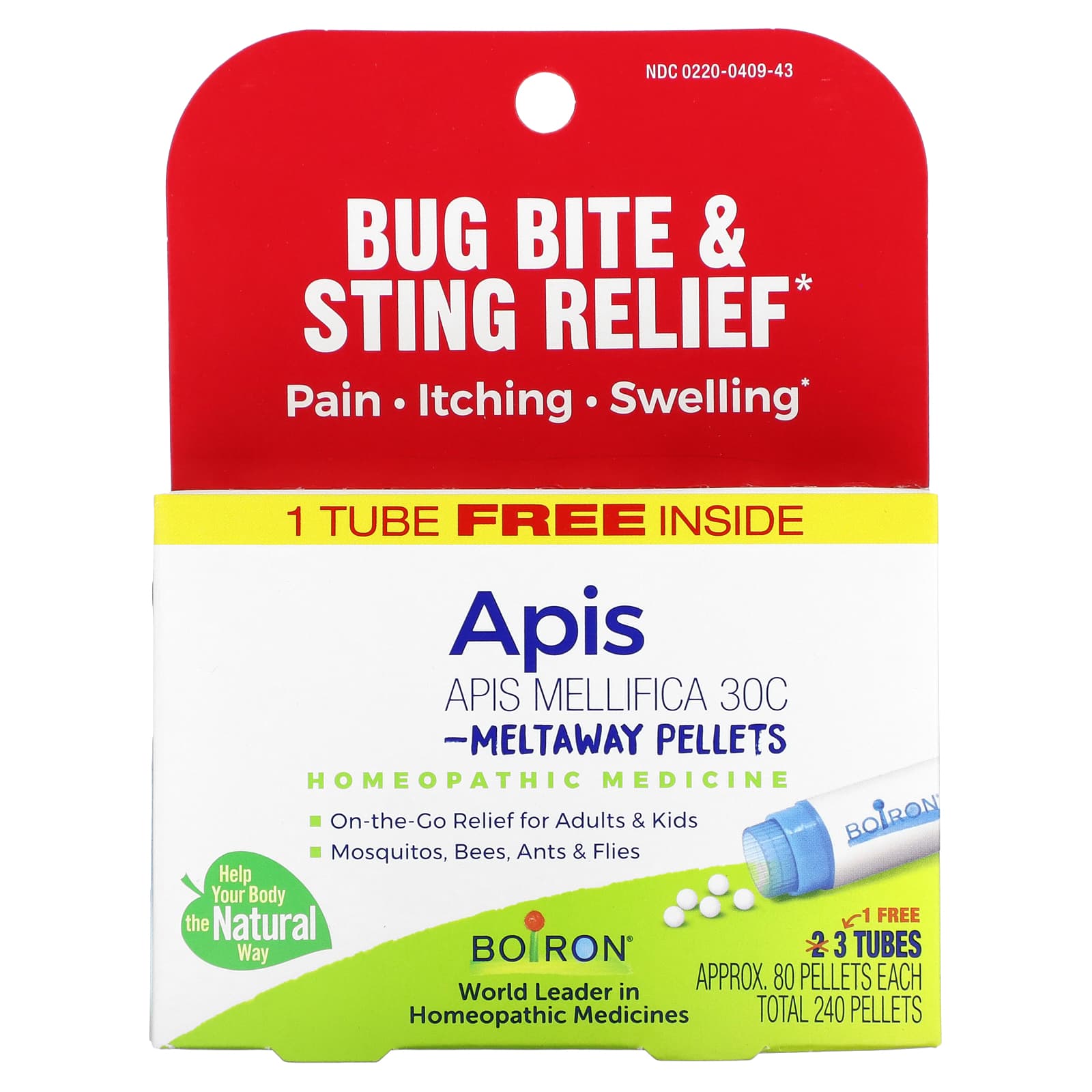 Boiron Apis Meltaway Pellets for Bug Bite Relief, 3 Tubes, 80 Pellets Each - Image 1