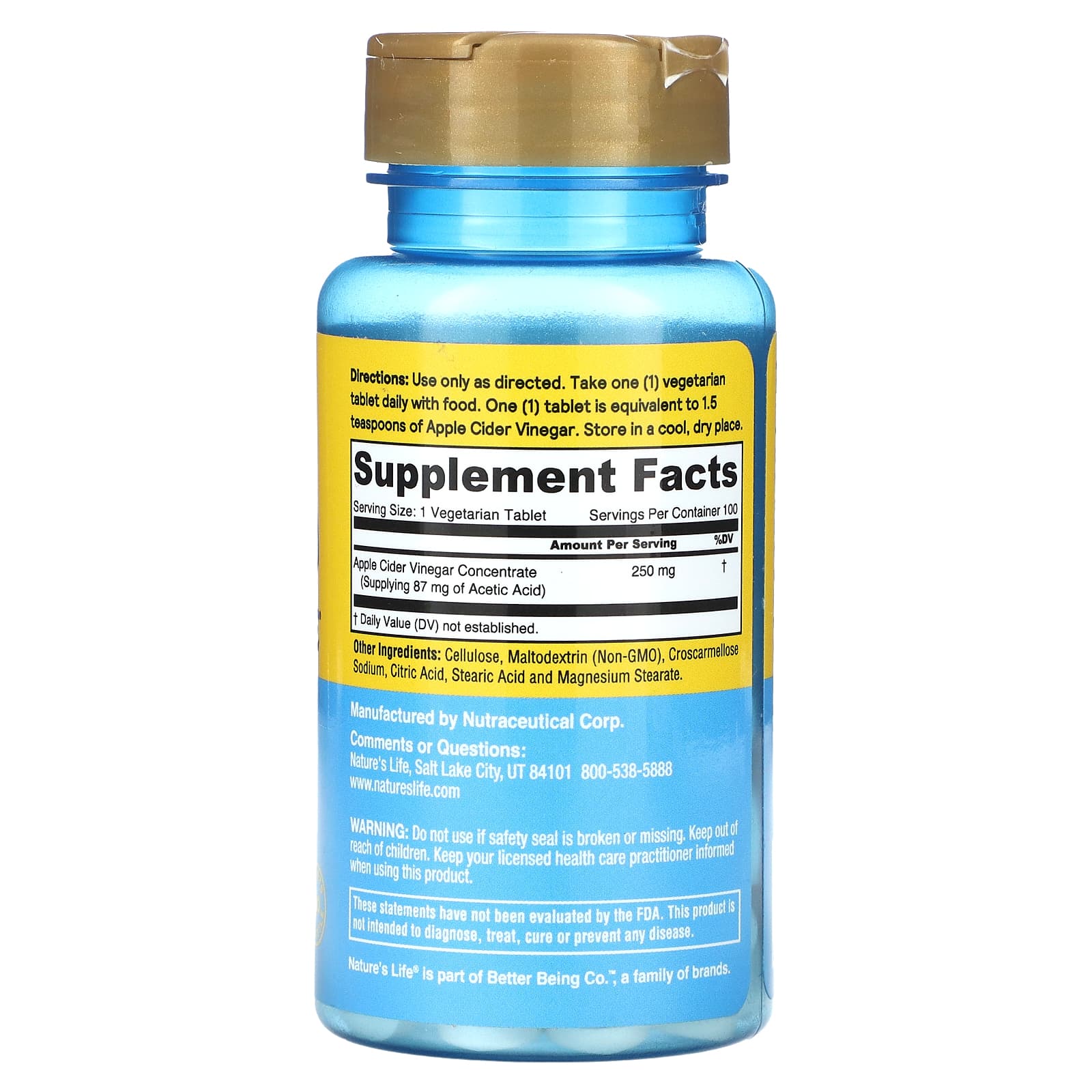 Nature's Life, Apple Cider Vinegar, 250 mg, 100 Tablets - Image 2