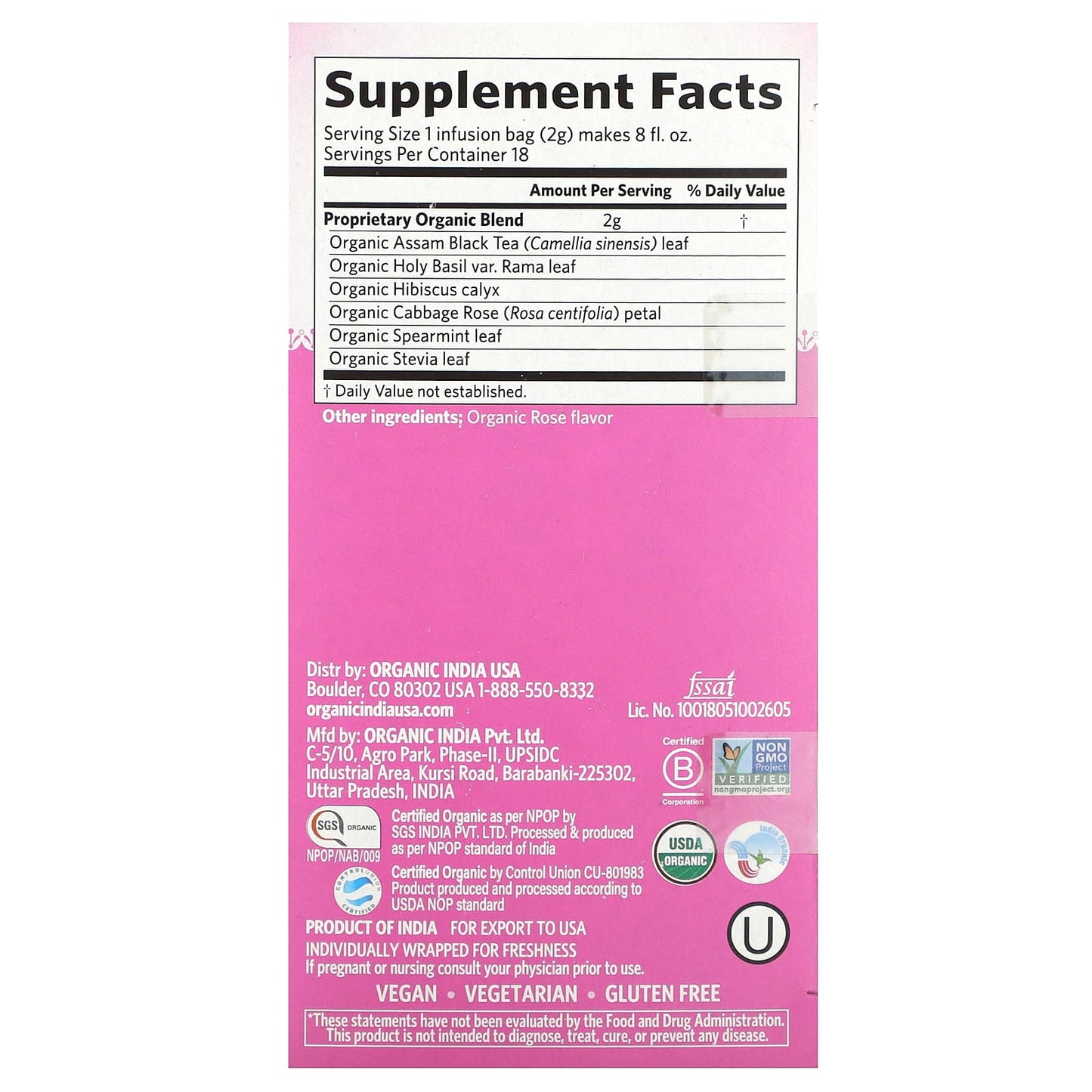 Organic India, Assam Black Tea, Tulsi Sweet Rose, 18 Infusion Bags, 1.27 oz (36 g) - Image 2