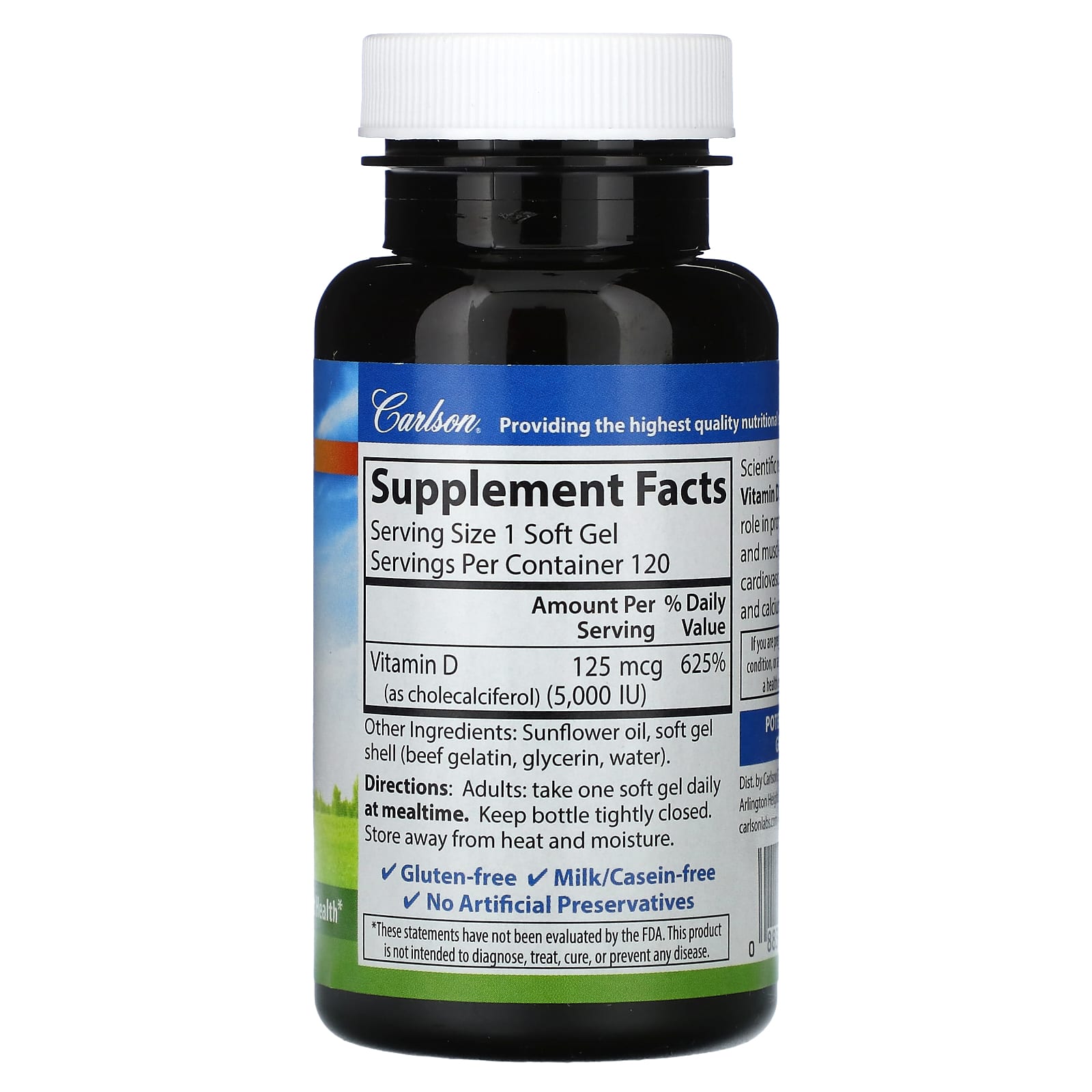 Vitamin D3 Supplement by Carlson - 5,000 IU, 120 Soft Gels - Image 2