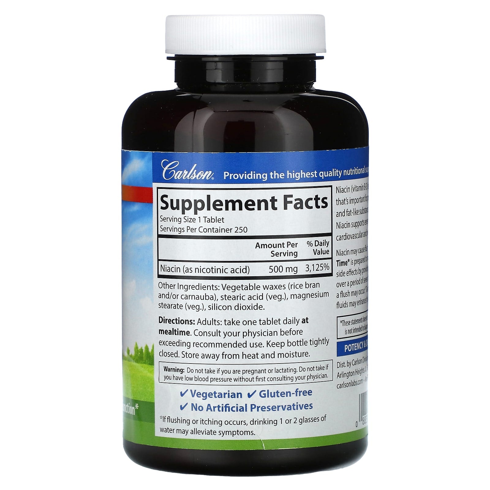 Carlson Niacin-Time 500mg, 250 Veggie Tablets for Energy & Heart Health - Image 2