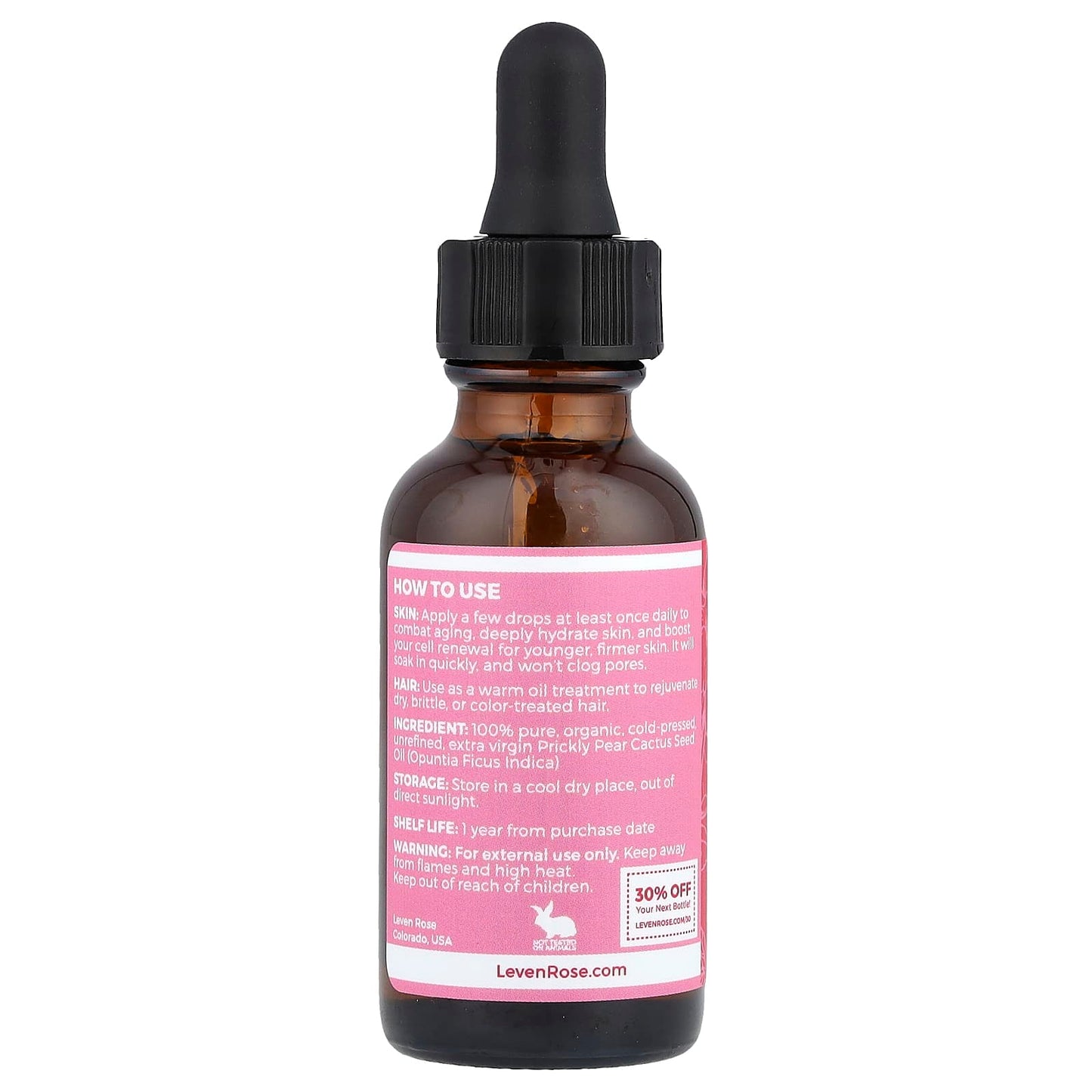 Leven Rose, 100% Pure & Organic Prickly Pear Cactus Seed Oil, 1 fl oz (30 ml) - Image 2