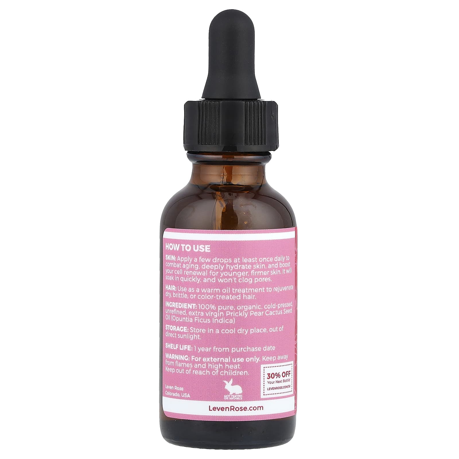 Leven Rose, 100% Pure & Organic Prickly Pear Cactus Seed Oil, 1 fl oz (30 ml) - Image 2