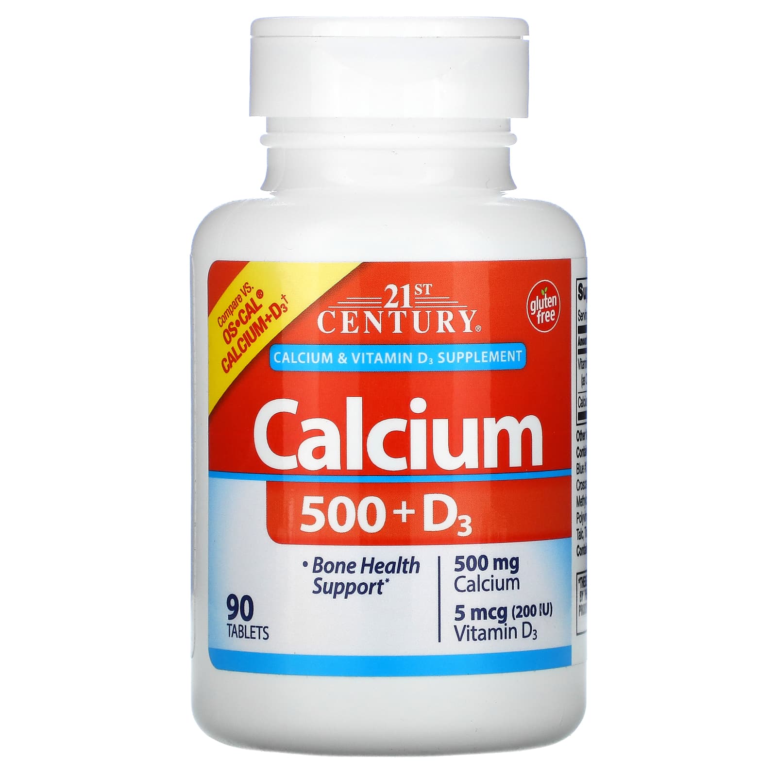 Calcium 500 + D3 Supplement, 90 Tablets, 21st Century - Image 1