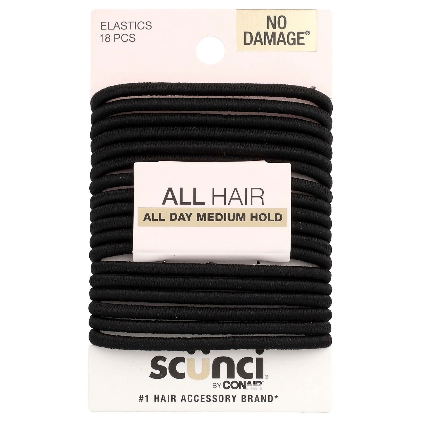 Scunci, No Damage® Elastics, All Day Medium Hold, Black, 18 Pieces - Image 1