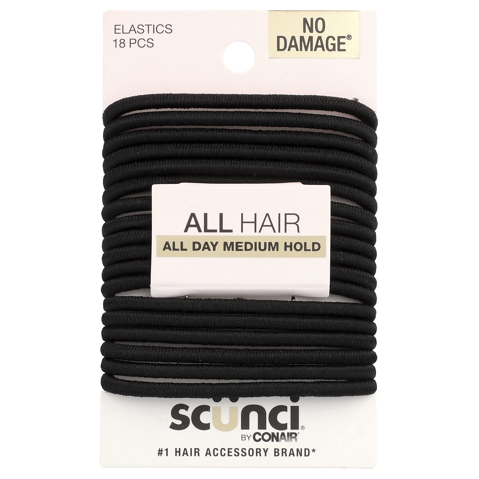 Scunci, No Damage® Elastics, All Day Medium Hold, Black, 18 Pieces - Image 1