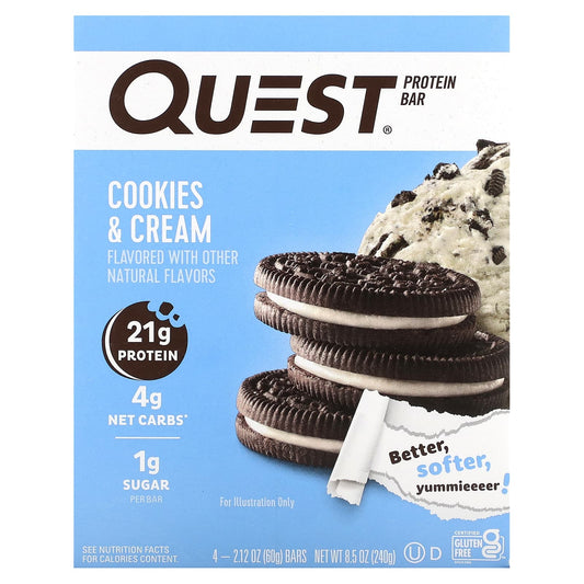Quest Nutrition, Protein Bar, Cookies & Cream, 4 Bars, 2.12 oz (60 g) Each - Image 1