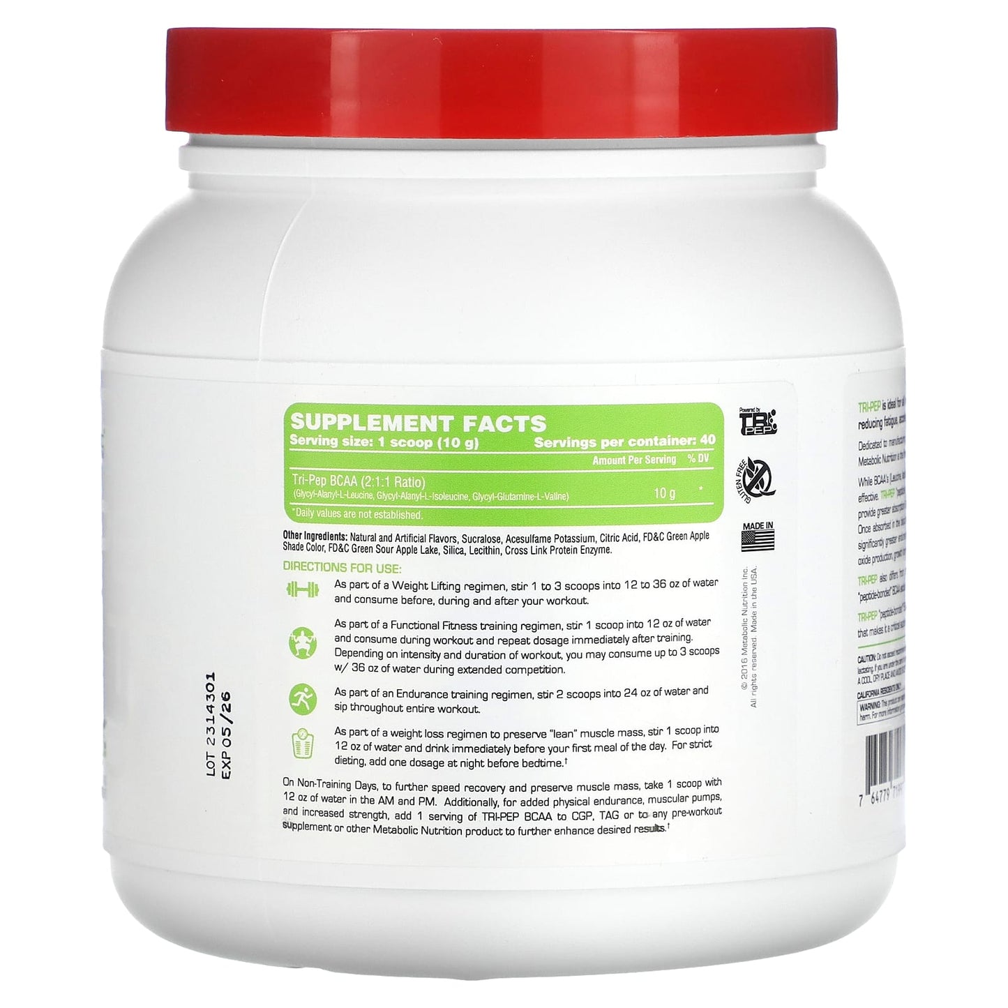 Metabolic Nutrition, Tri-Pep, Branch Chain Amino Acid, Green Apple, 14.1 oz (400 g) - Image 2