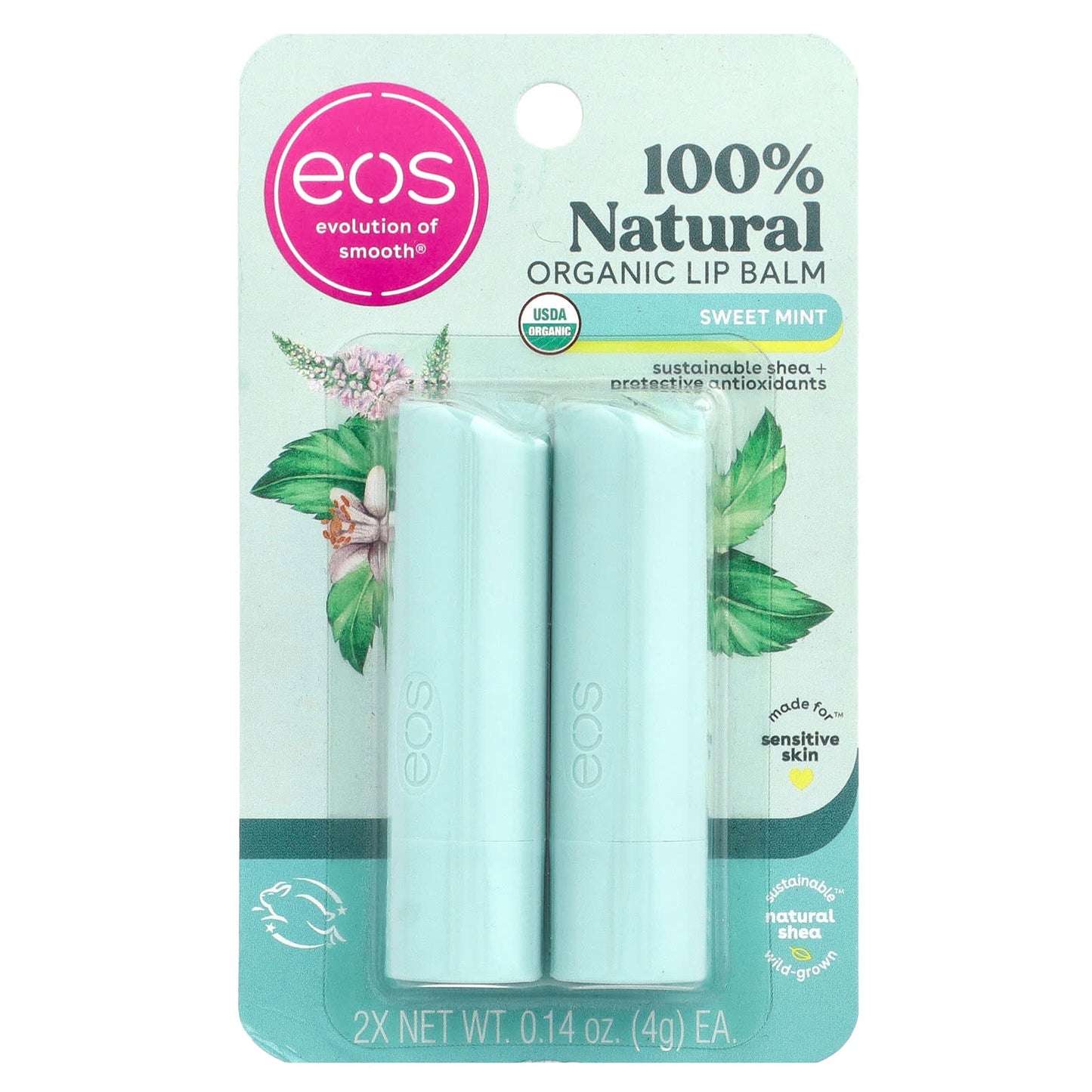 Organic Lip Balm, Sweet Mint, Sensitive Skin, 2-Pack, 0.14 oz Each - Image 2