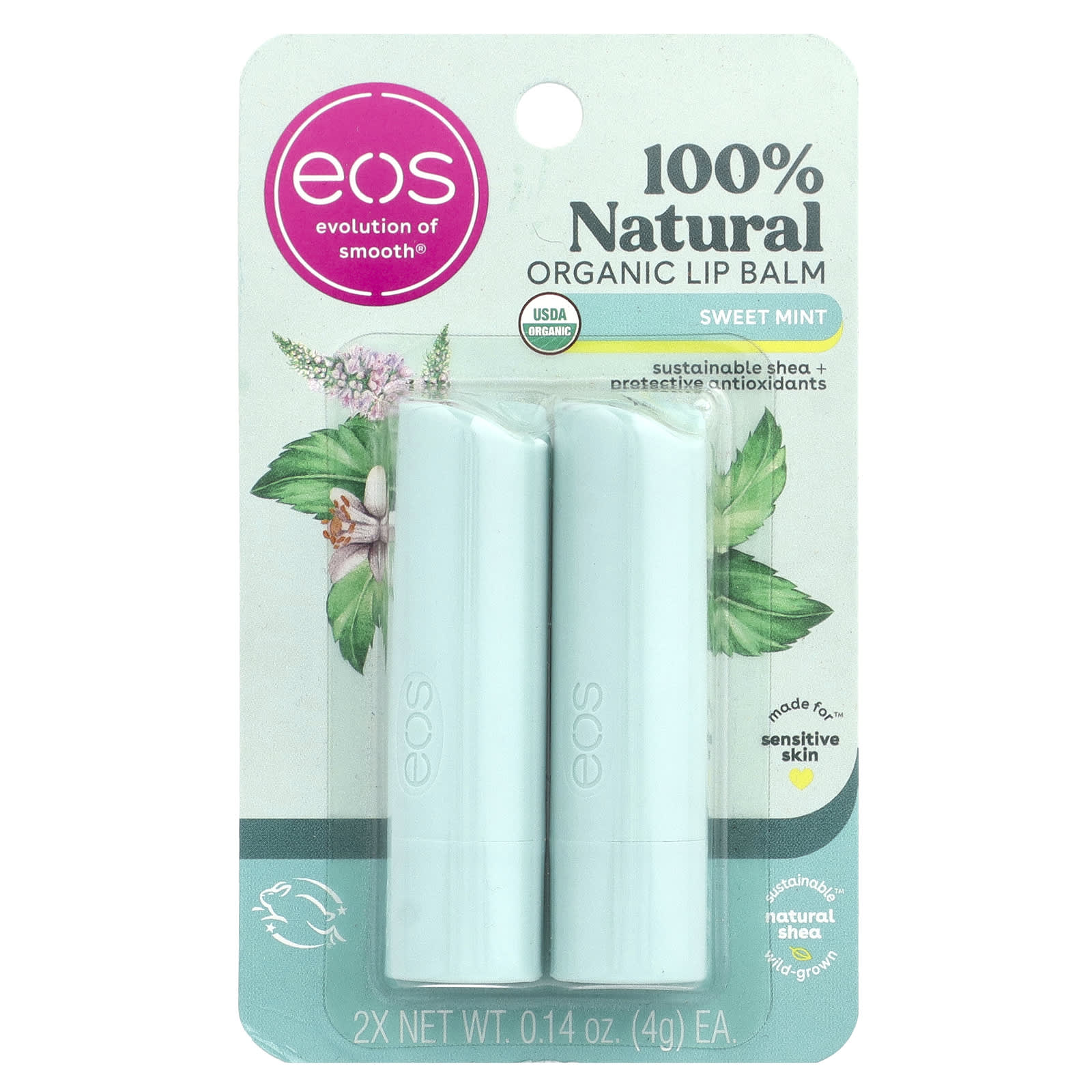 Organic Lip Balm, Sweet Mint, Sensitive Skin, 2-Pack, 0.14 oz Each - Image 2