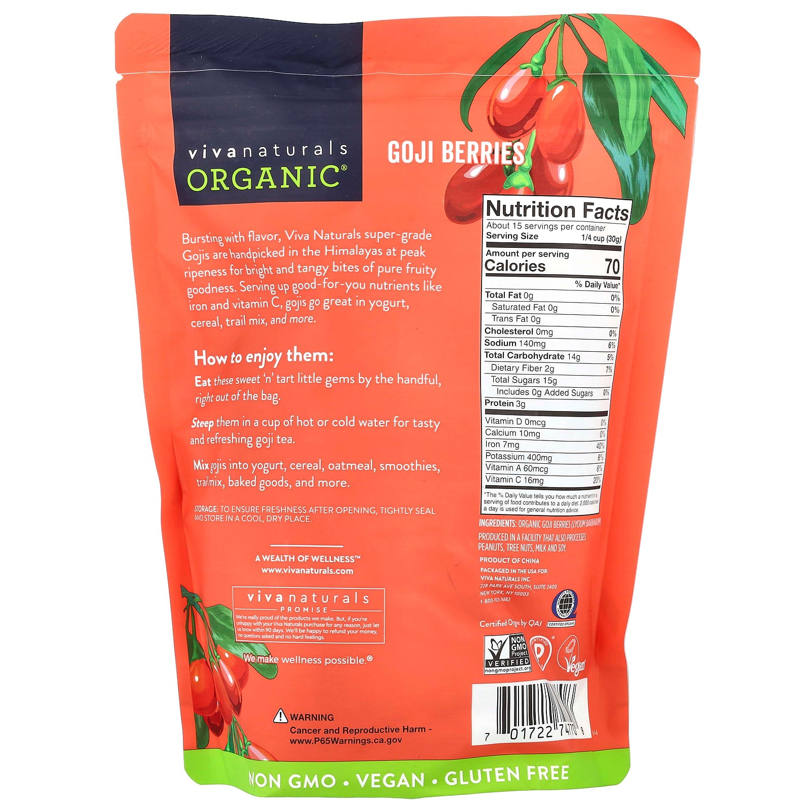 Viva Naturals, Organic Handpicked Goji Berries, 1 lb (454 g) - Image 2