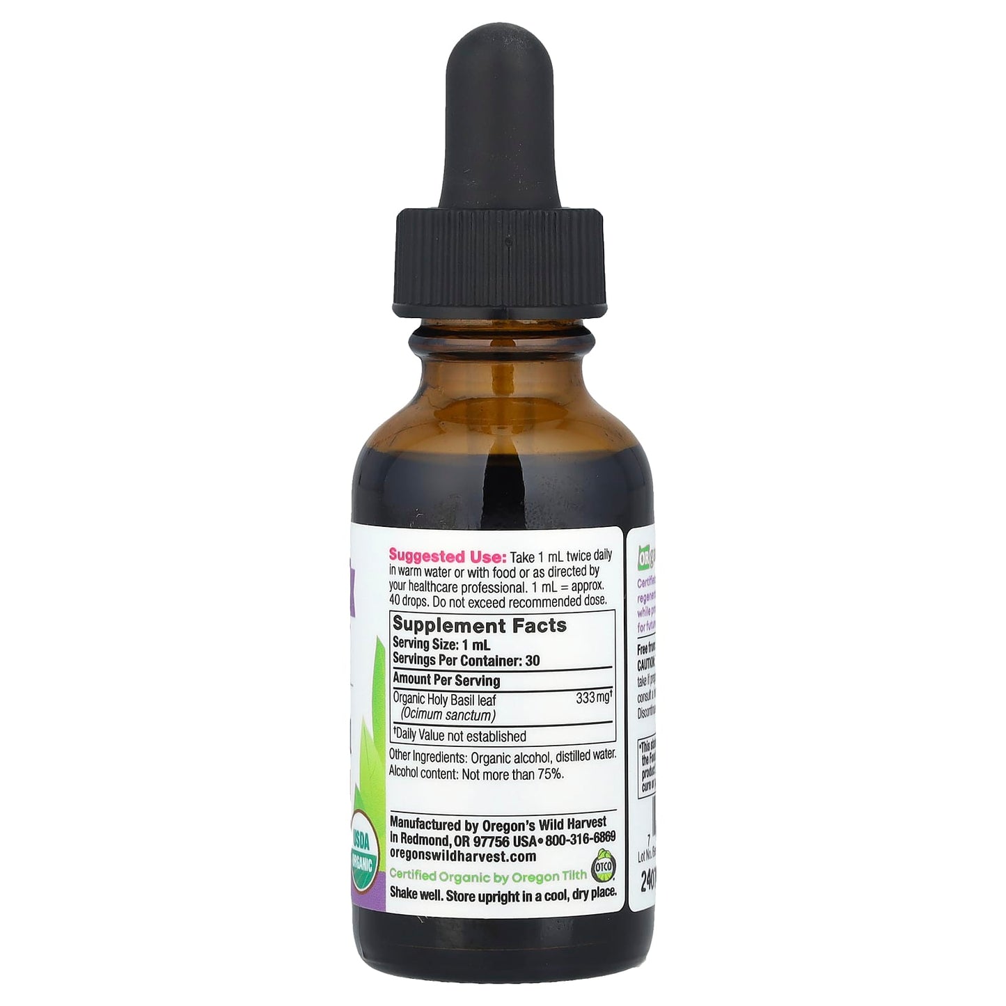 Oregon's Wild Harvest, Organic Holy Basil Extract, 1 fl oz (30 ml) (333 mg per Serving) - Image 2