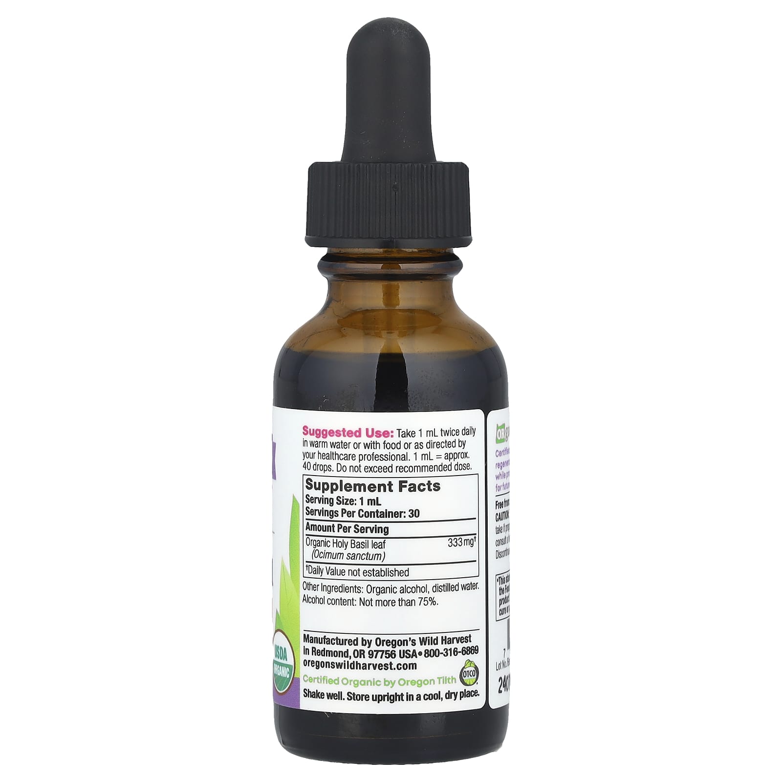 Oregon's Wild Harvest, Organic Holy Basil Extract, 1 fl oz (30 ml) (333 mg per Serving) - Image 2