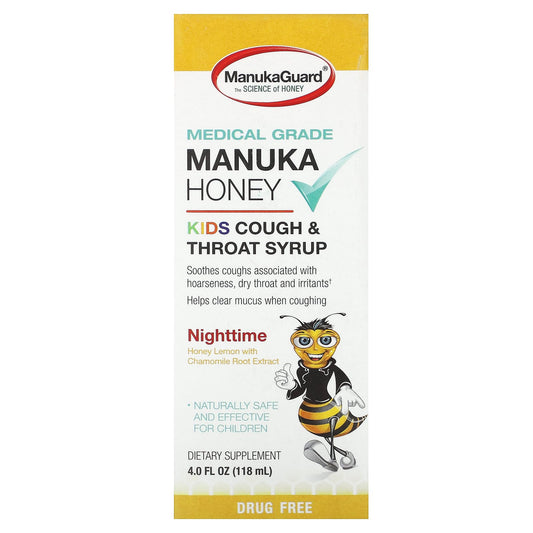 ManukaGuard, Manuka Honey, Kids Cough & Throat Syrup, Nighttime, Honey Lemon, 4 fl oz (118 ml) - Image 1