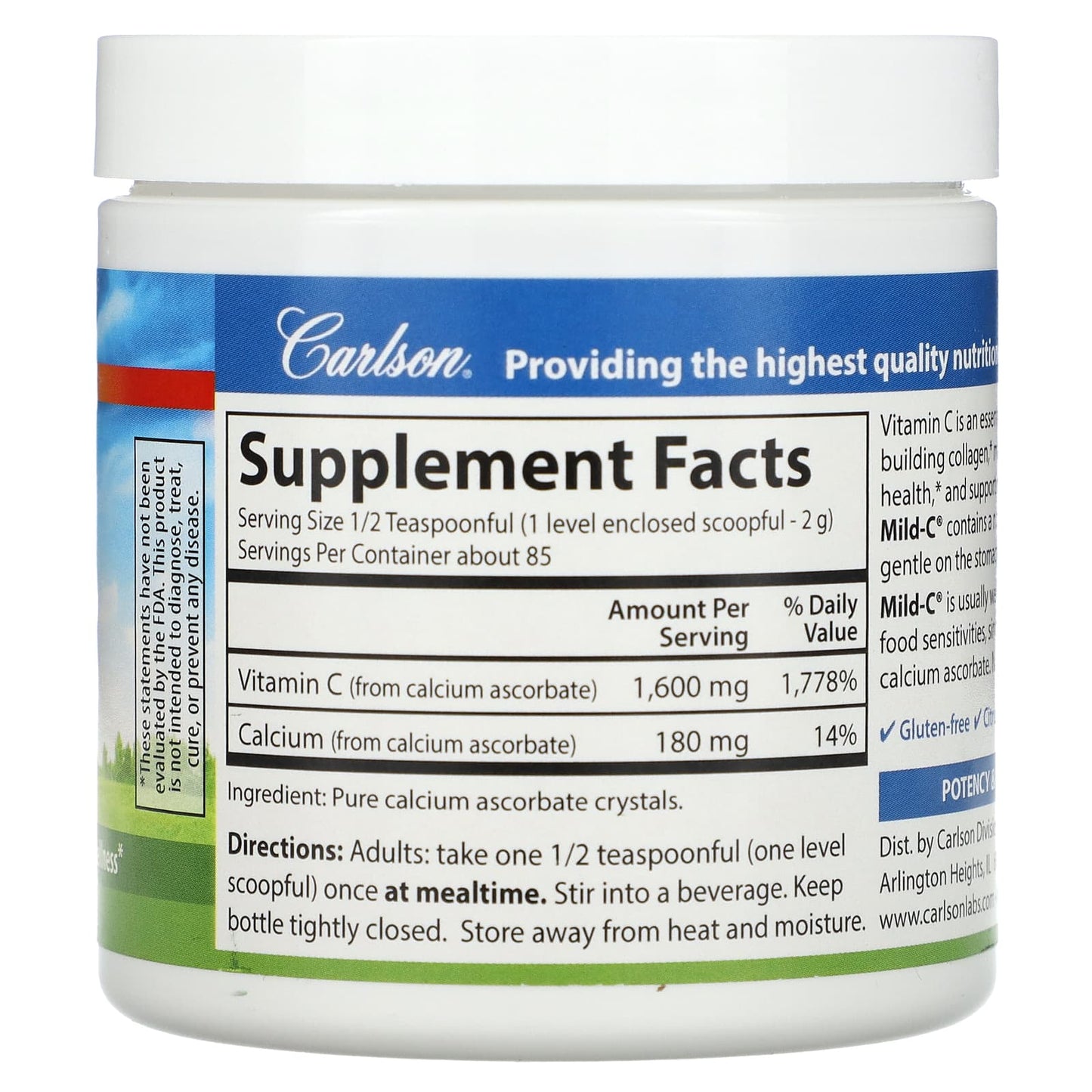 Carlson Vitamin C Powder, 1600mg, Gluten-Free, Non-Acidic, 6oz - Image 2