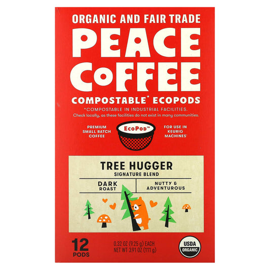 Peace Coffee, Organic Tree Hugger, Dark Roast, 12 Pods, 0.32 oz (9.25 g) Each - Image 1