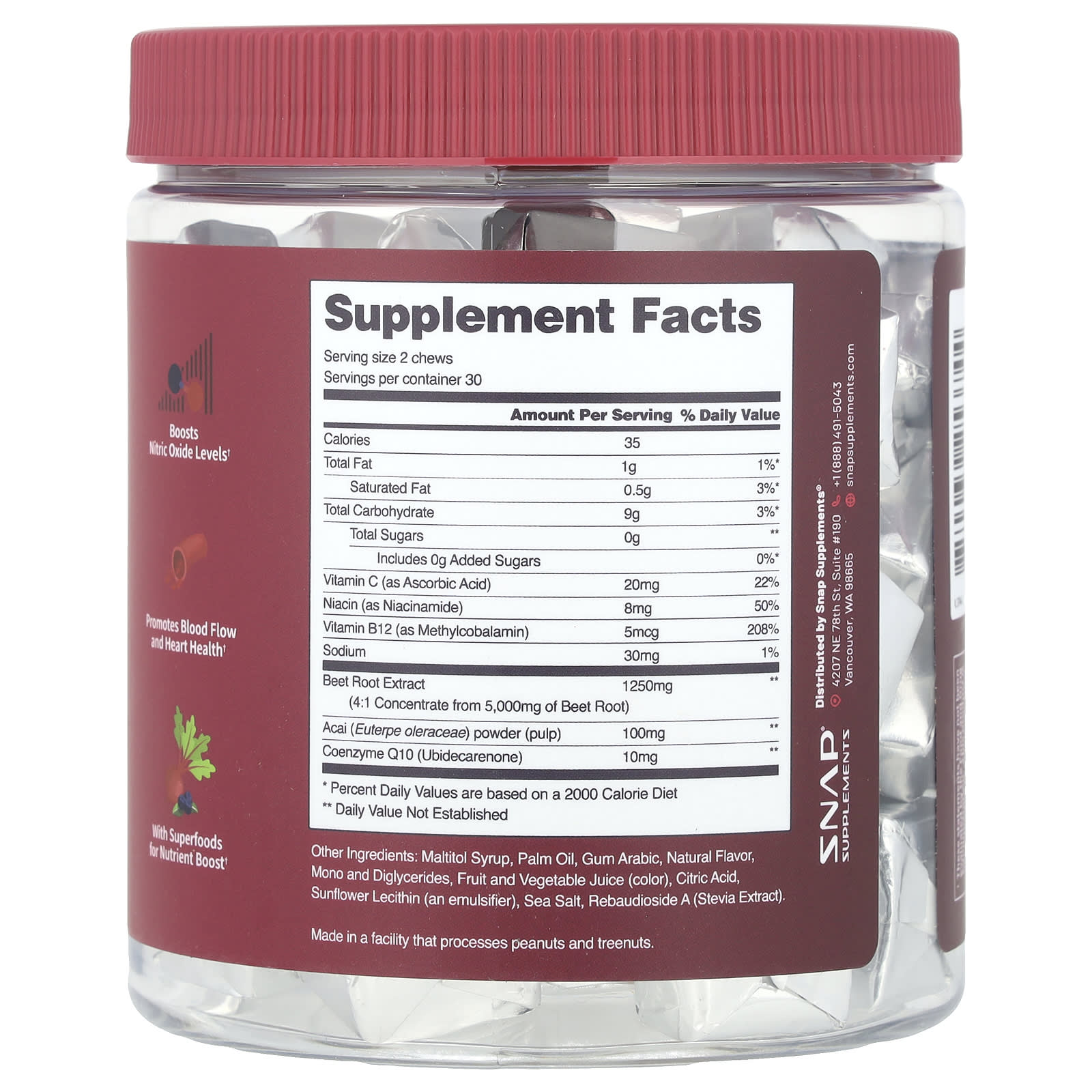 Snap Supplements, Heart Beets + CoQ10, Mixed Berry, 60 Soft Chews