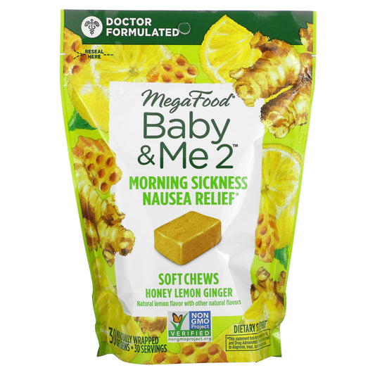 MegaFood, Baby & Me2, Morning Sickness Nausea Relief, Honey Lemon Ginger, 30 Individually Wrapped Soft Chews - Image 1