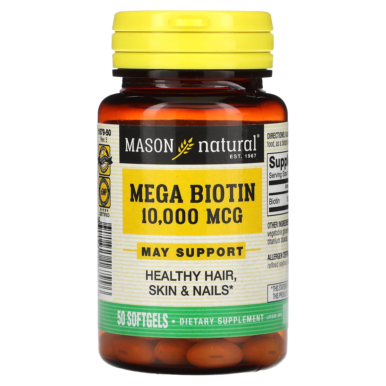 Mason Natural, Mega Biotin, 10,000 mcg, 50 Softgels - Image 1
