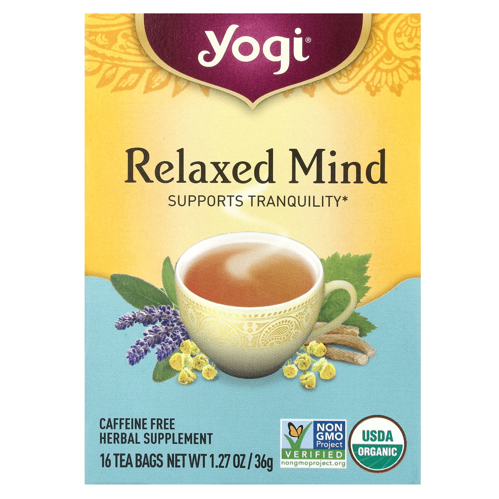 Yogi Tea, Relaxed Mind, Caffeine Free, 16 Tea Bags, 1.27 oz (36 g) - Image 1