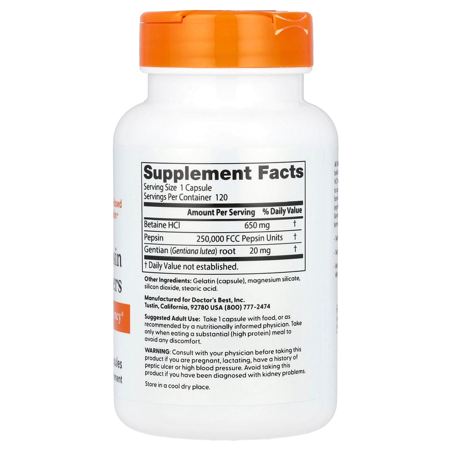 Betaine HCl Pepsin & Gentian Bitters for Optimal Digestion - 120 Capsules - Image 2