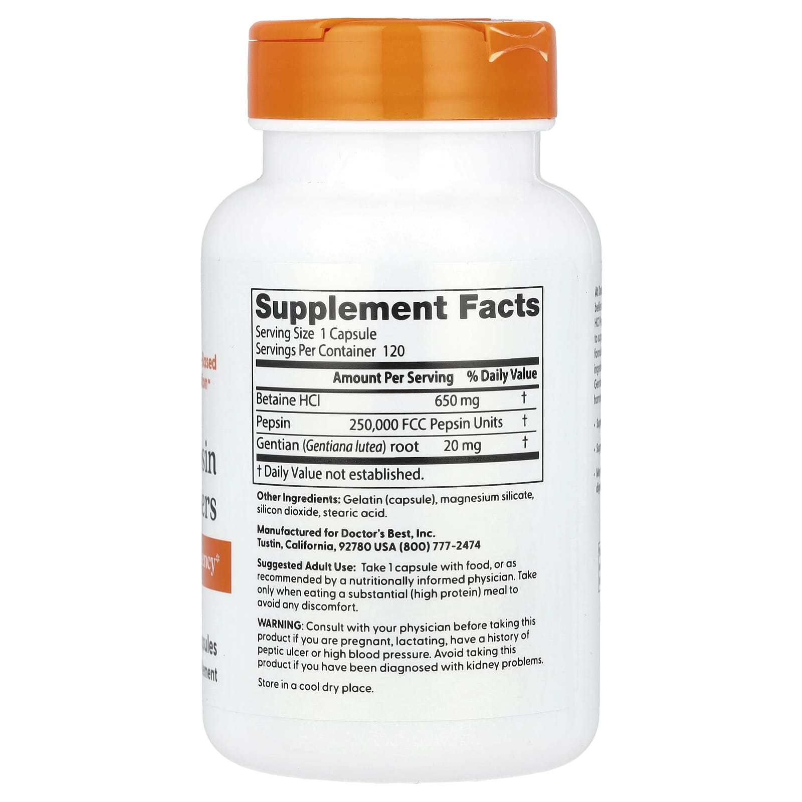 Betaine HCl Pepsin & Gentian Bitters for Optimal Digestion - 120 Capsules - Image 2