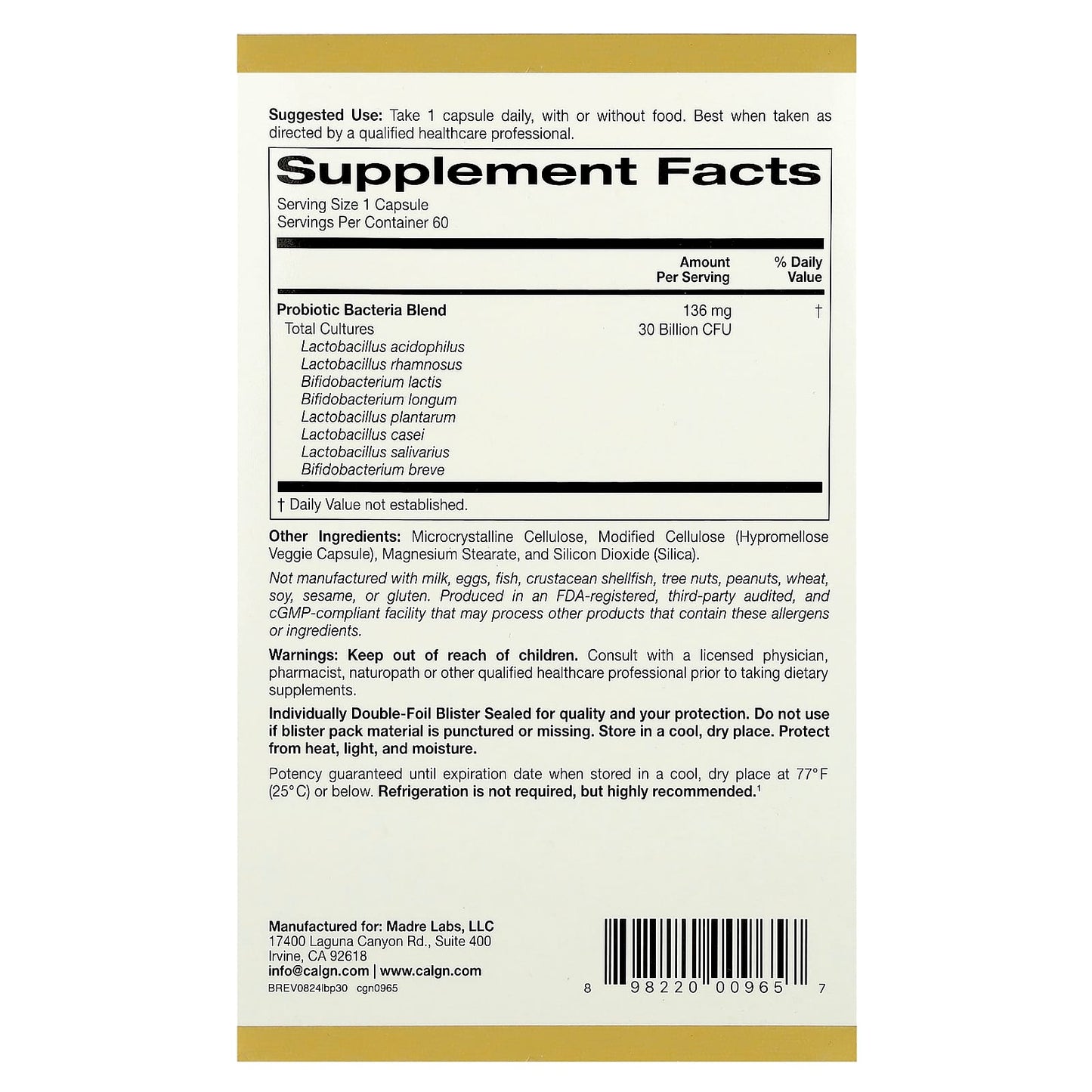 California Gold Nutrition LactoBif 30 Probiotics 60 Veggie Capsules - Image 2