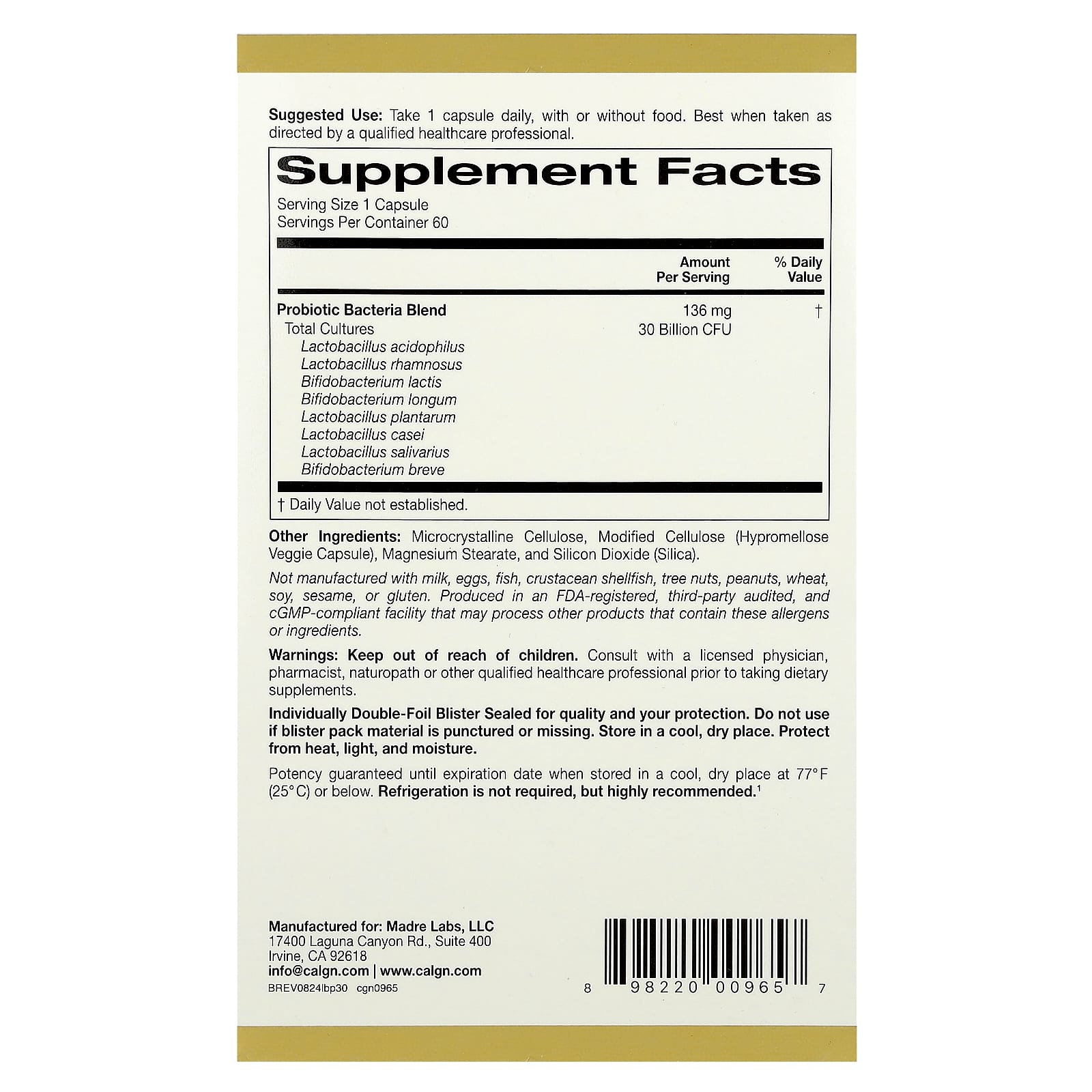 California Gold Nutrition LactoBif 30 Probiotics 60 Veggie Capsules - Image 2