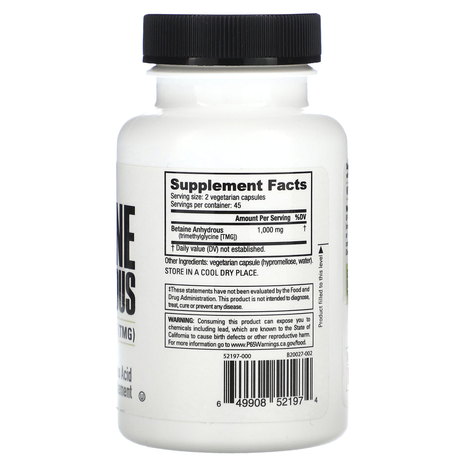 NutraBio, Betaine Anhydrous, 90 Capsules (500 mg per Capsule) - Image 2