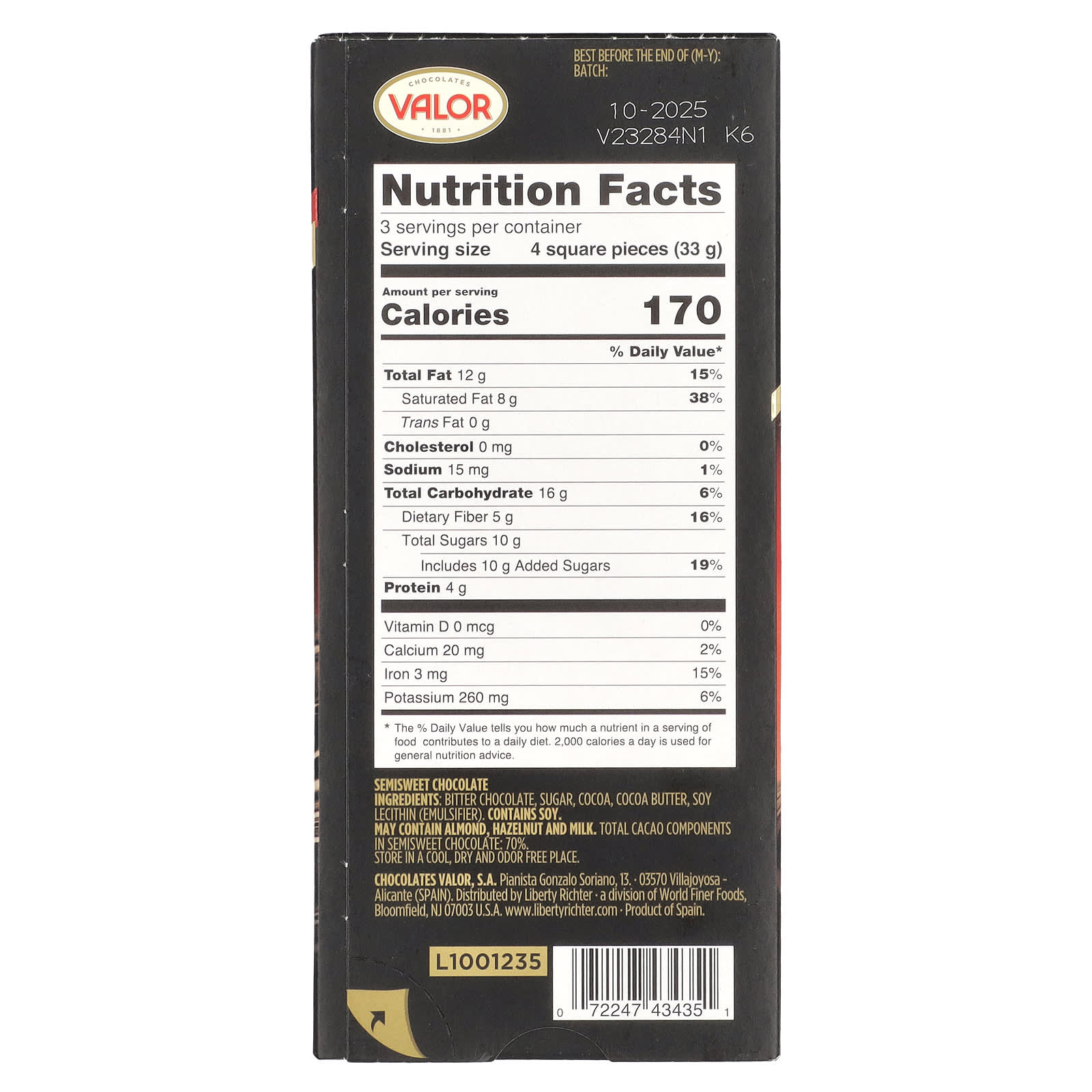 Valor, Intense Dark Chocolate, 70% Cacao, 3.5 oz (100 g) - Image 2