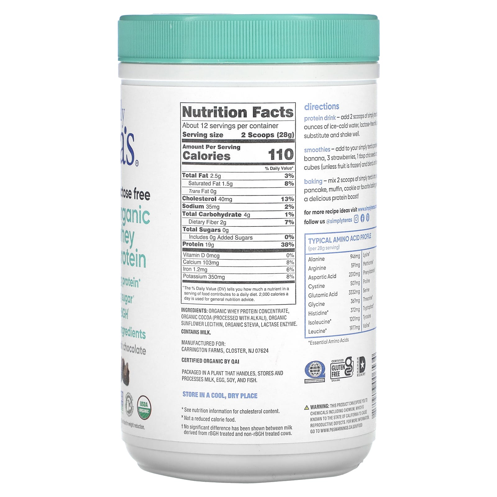 Simply Tera's, Organic Whey Protein, Dark Chocolate, 12 oz (340 g) - Image 2