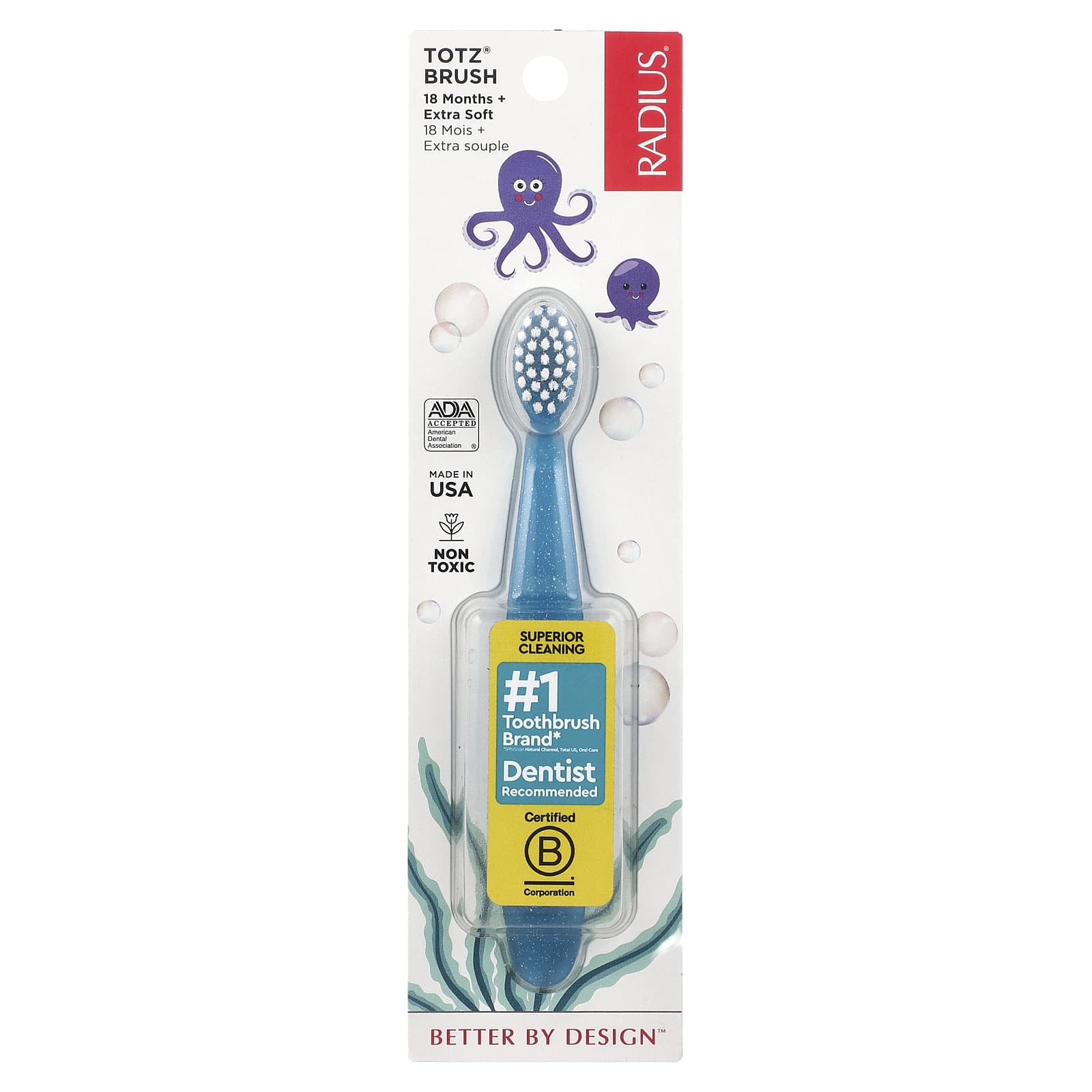 RADIUS, Totz® Toothbrush, 18 + Months, Extra Soft, Light Blue Sparkle, 1 Toothbrush - Image 1