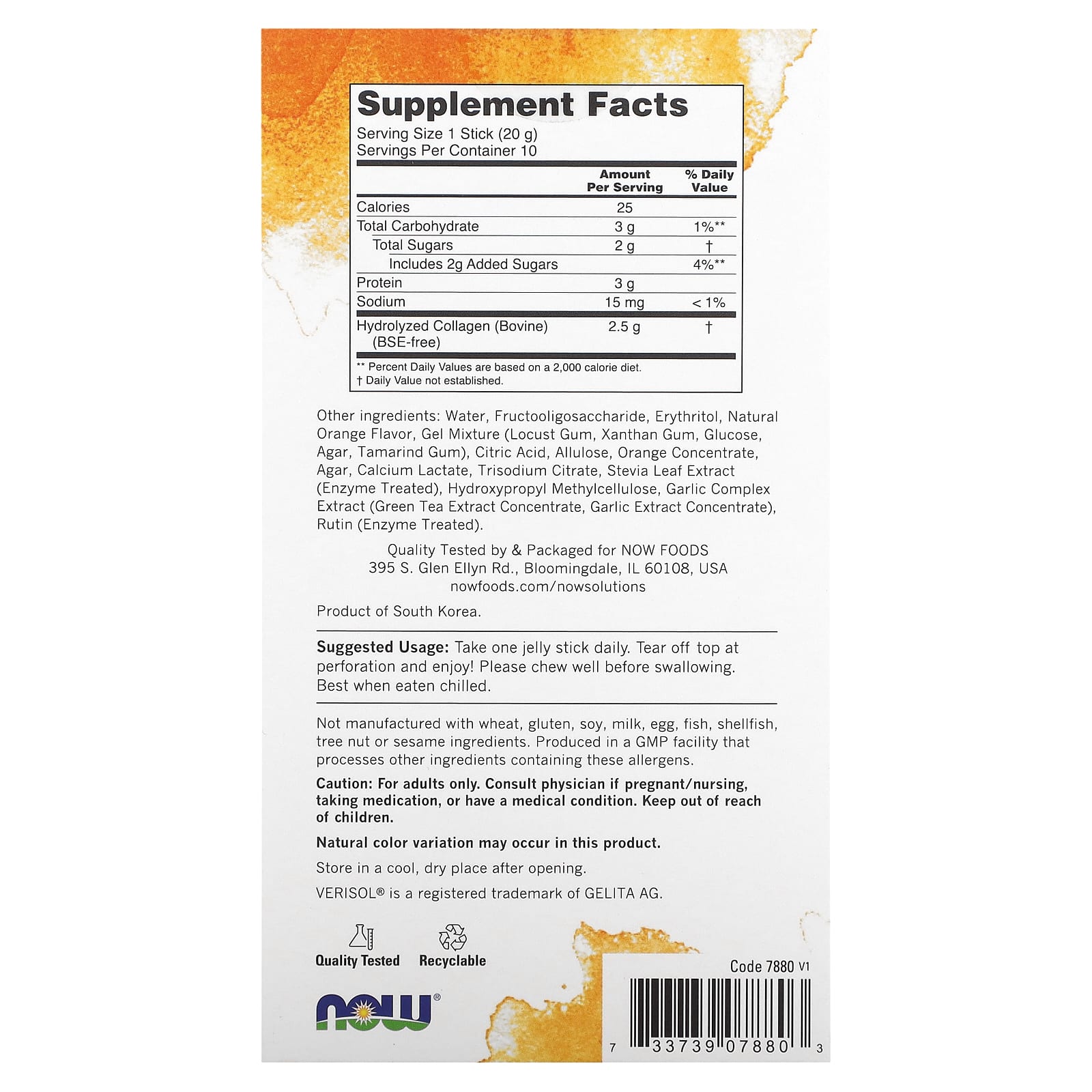 NOW Foods, Solutions, Collagen Jelly Beauty Complex, Sweet Orange, 10 Jelly Sticks, 0.705 oz (20 g) Each