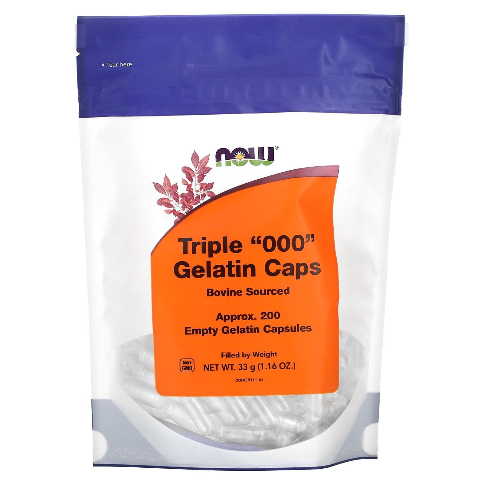 NOW Foods, Triple "000" Gelatin Caps, Approx. 200 Empty Gelatin Capsules, 1.16 oz (33 g) - Image 1