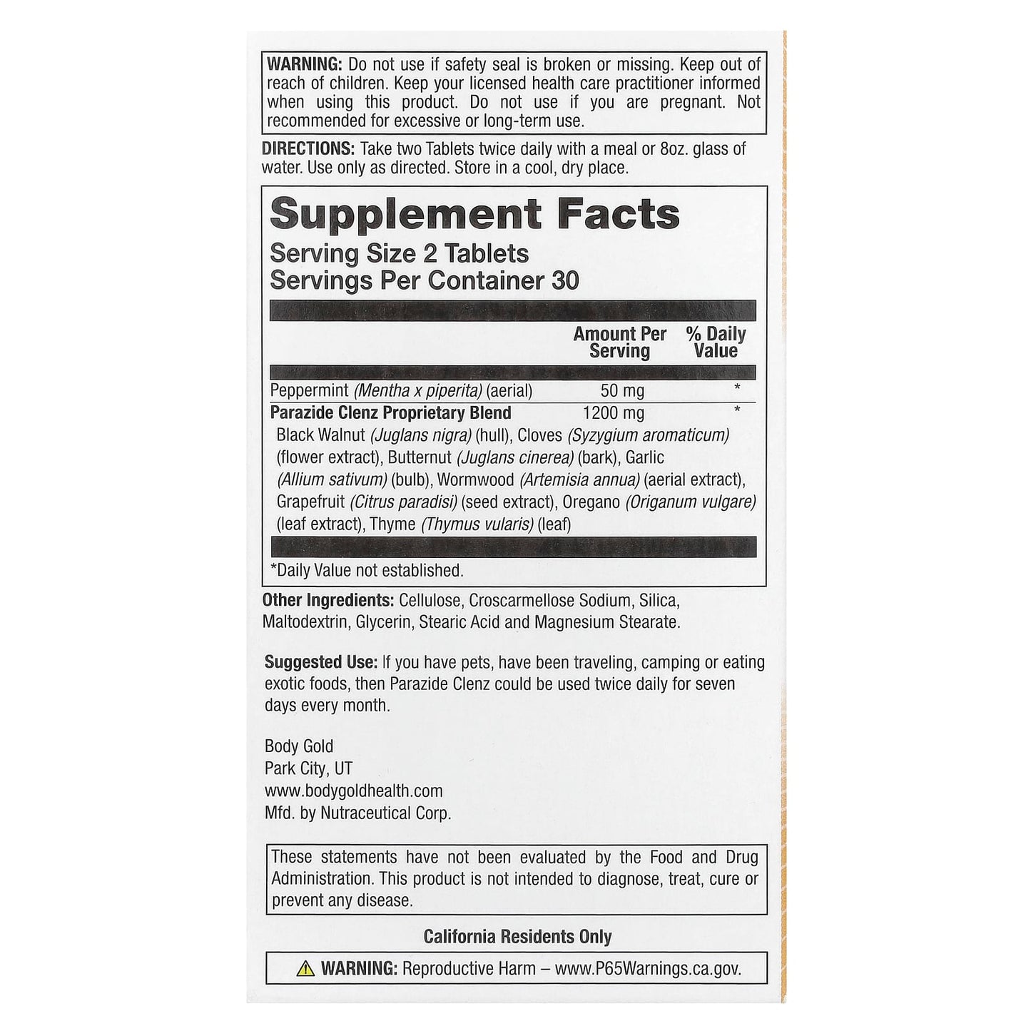 Body Gold Parazide Clenz - 60 Tablets for Intestinal Balance - Image 2