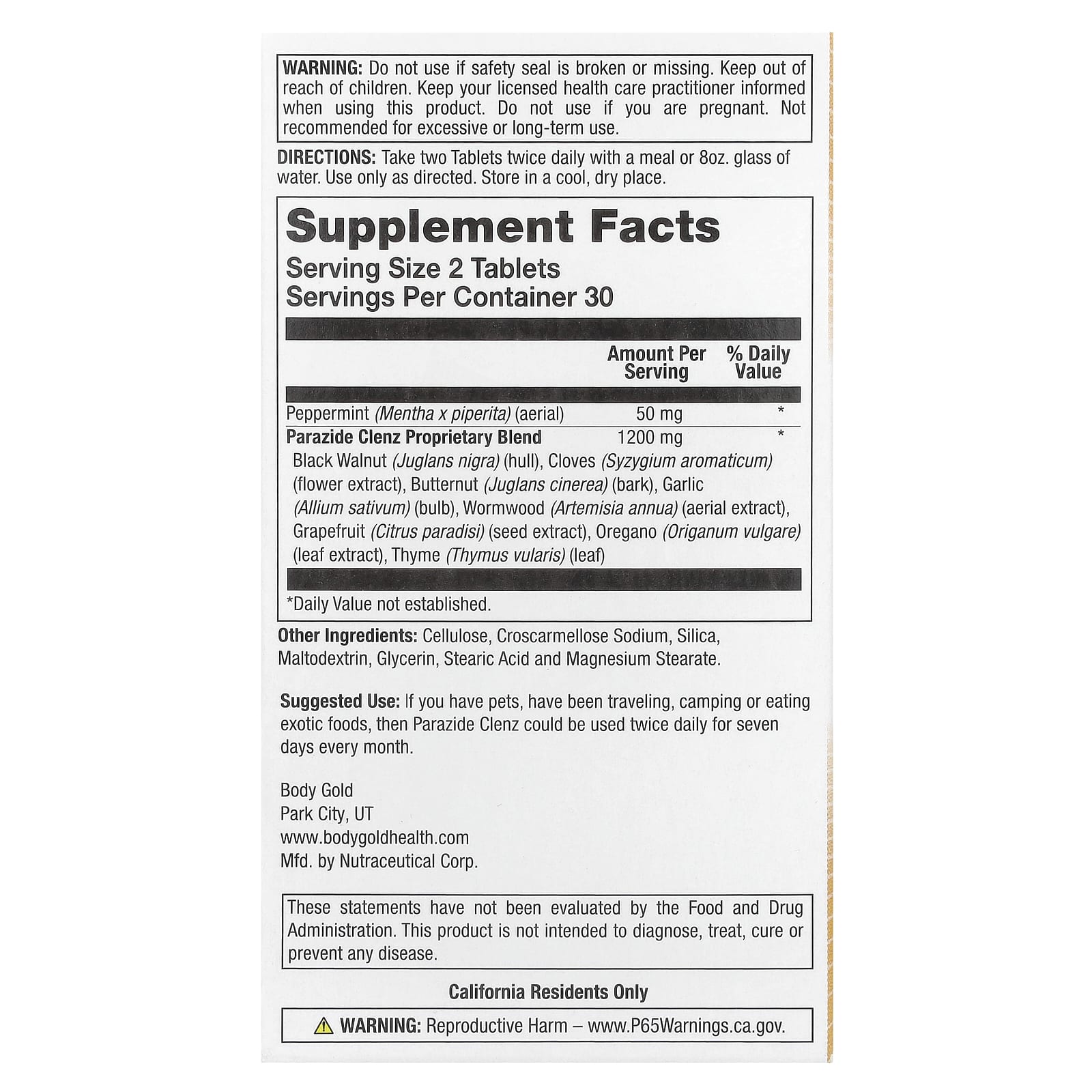 Body Gold Parazide Clenz - 60 Tablets for Intestinal Balance - Image 2