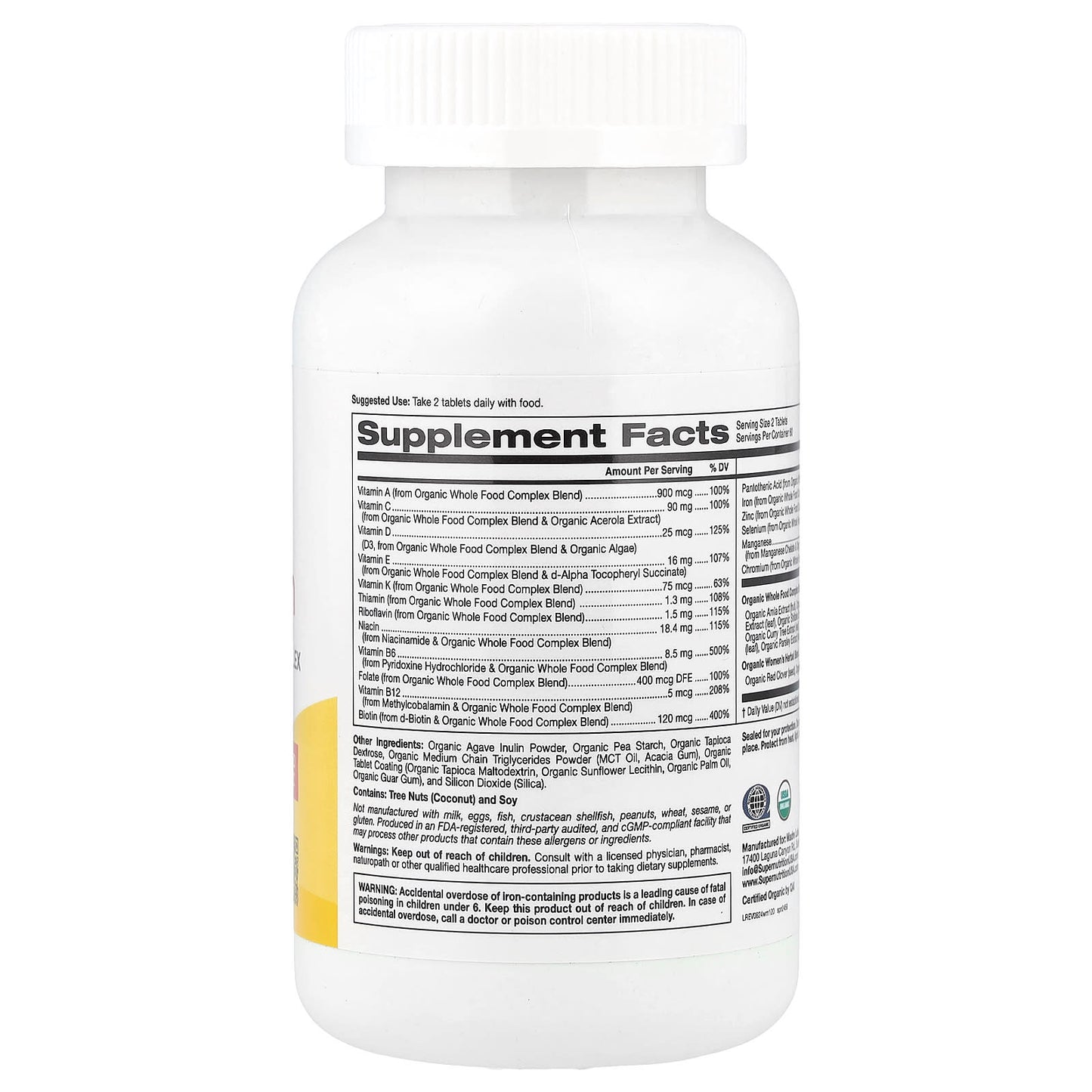 Super Nutrition, Organic Whole Food Women's Multivitamin with Vitamin A, Organic Amla Extract, Organic Sunflower Extract, and Organic Moringa Extract , 120 Tablets - Image 2