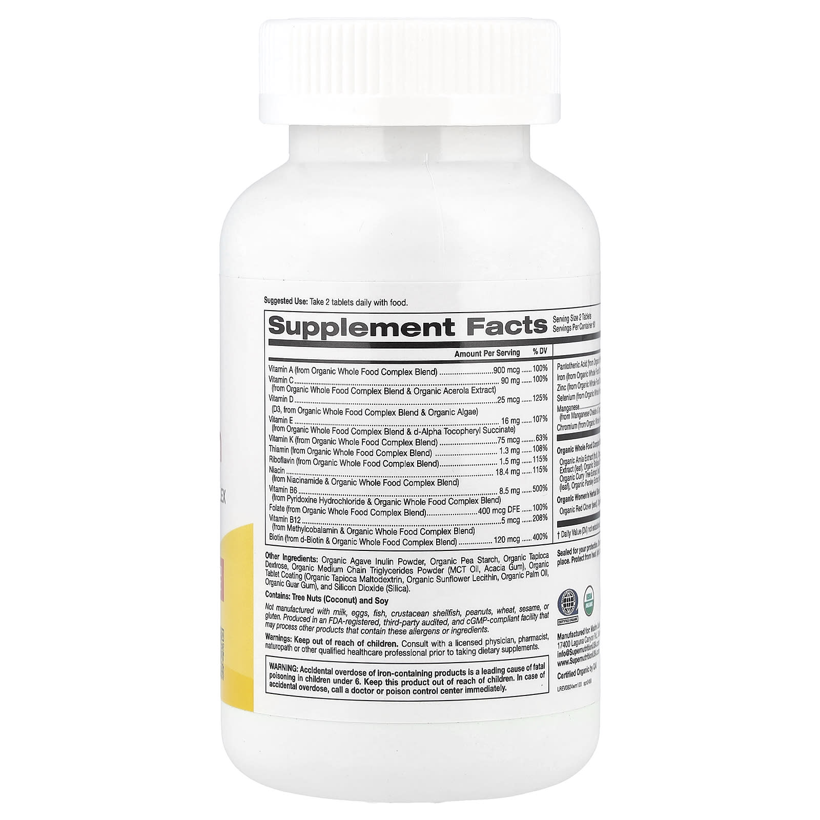 Super Nutrition, Organic Whole Food Women's Multivitamin with Vitamin A, Organic Amla Extract, Organic Sunflower Extract, and Organic Moringa Extract , 120 Tablets - Image 2