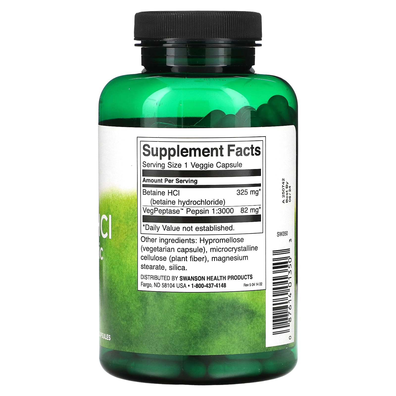 Swanson, Betaine HCl Hydrochloric Acid with VegPeptase, 250 Veggie Capsules - Image 2